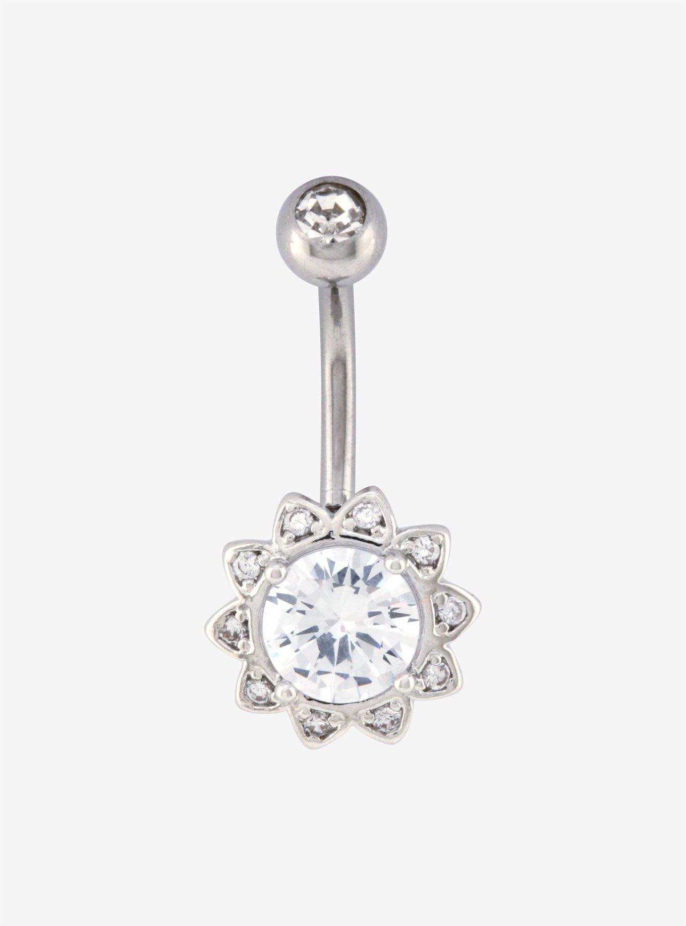 14G Steel Clear CZ Sunflower Navel Barbell, , hi-res