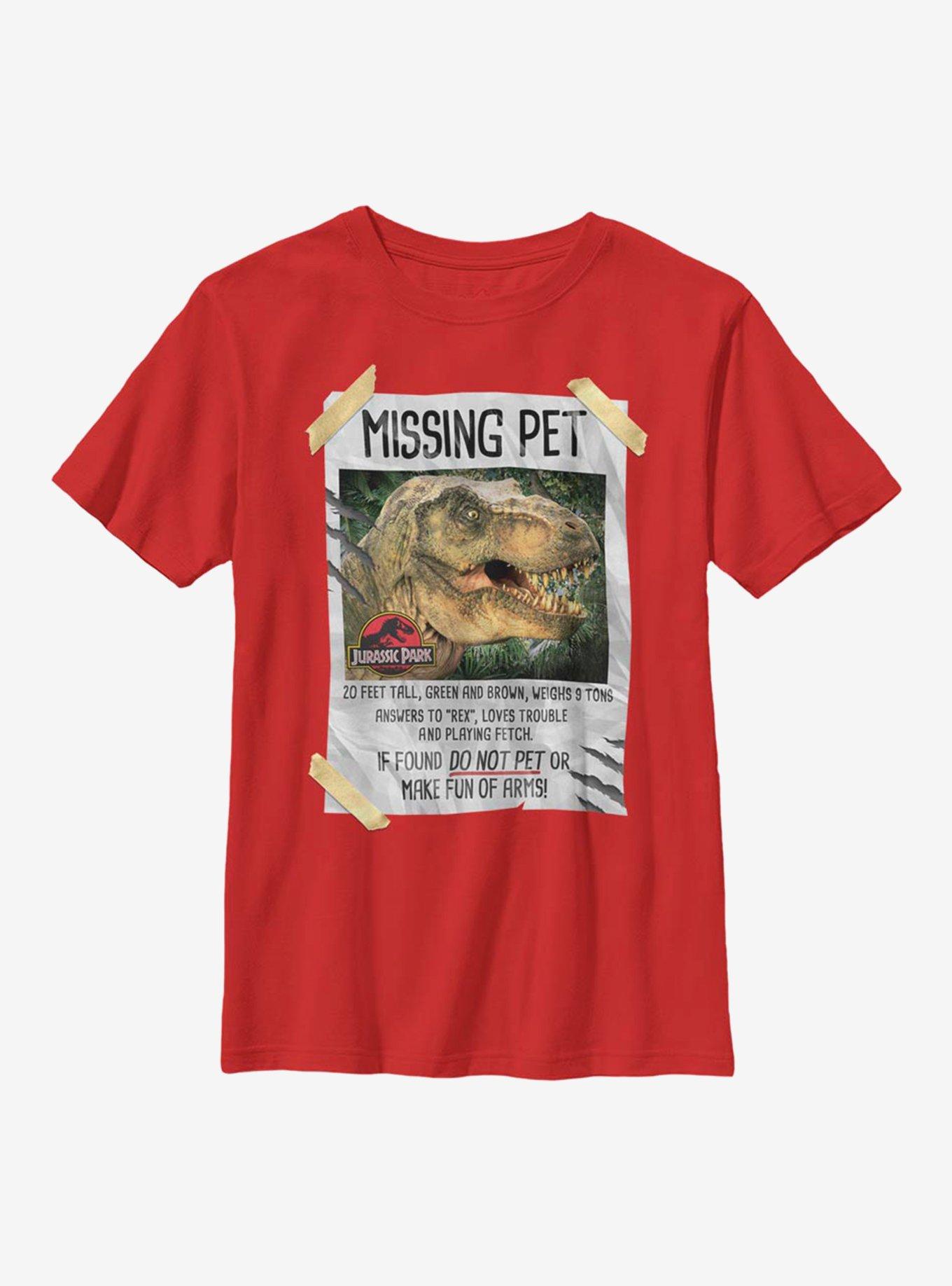 Jurassic Park Missing Pet Youth T-Shirt, RED, hi-res