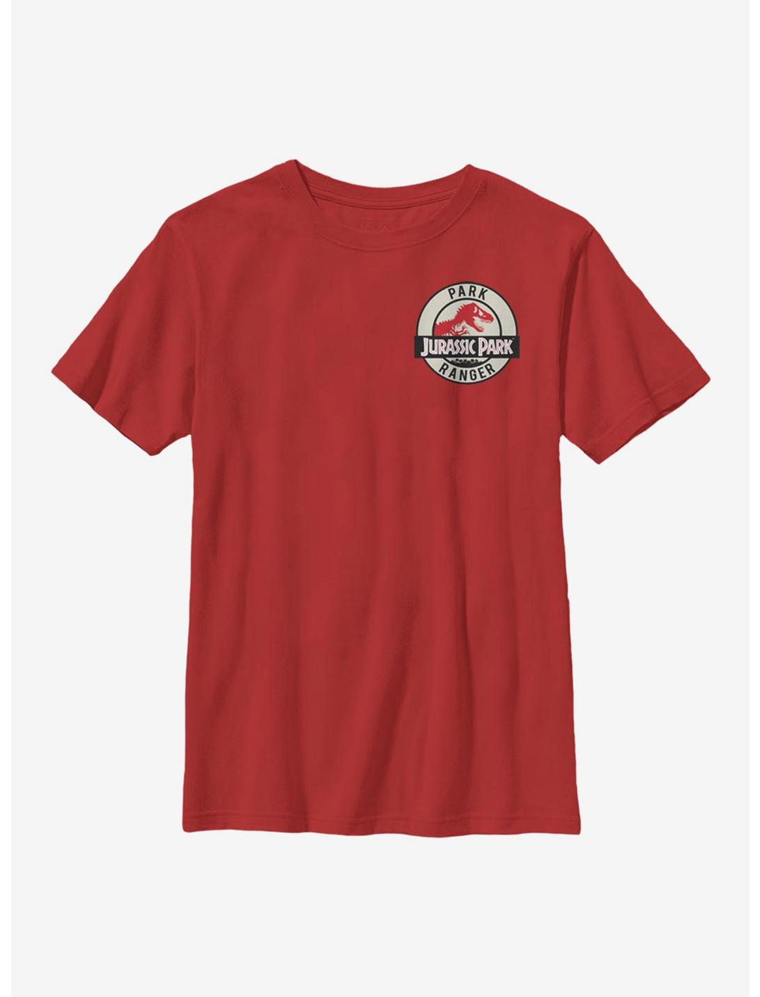 Jurassic Park Park Ranger Tan Badge Youth T-Shirt, RED, hi-res