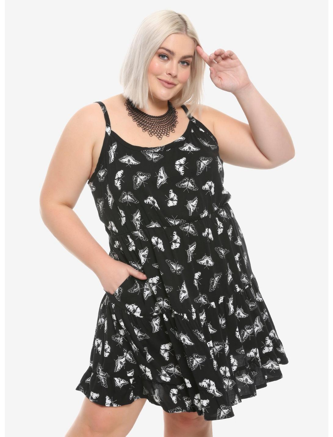 Black & White Butterfly Tiered Dress Plus Size, BLACK, hi-res