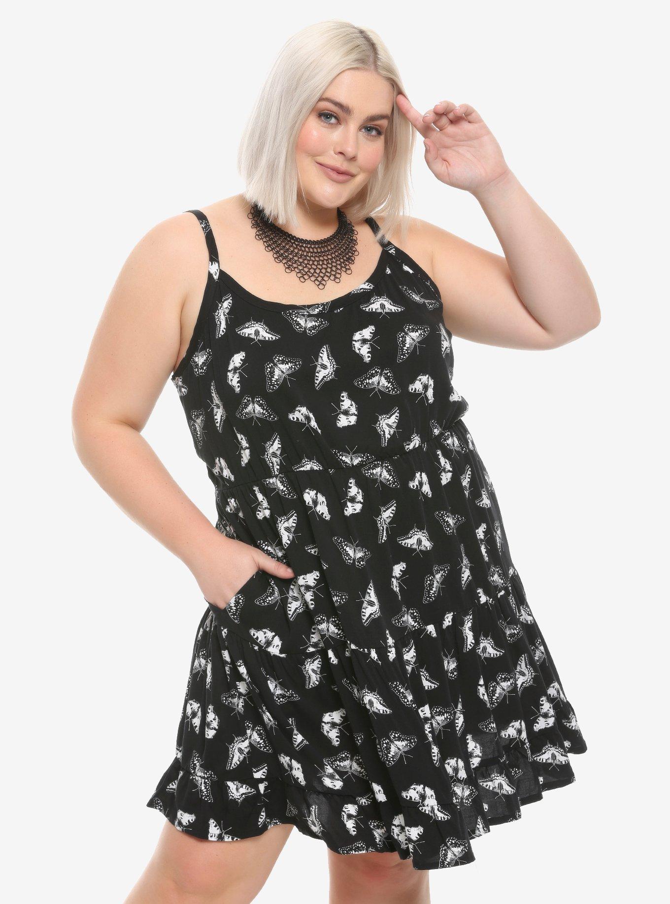 Black & White Butterfly Tiered Dress Plus Size, BLACK, hi-res