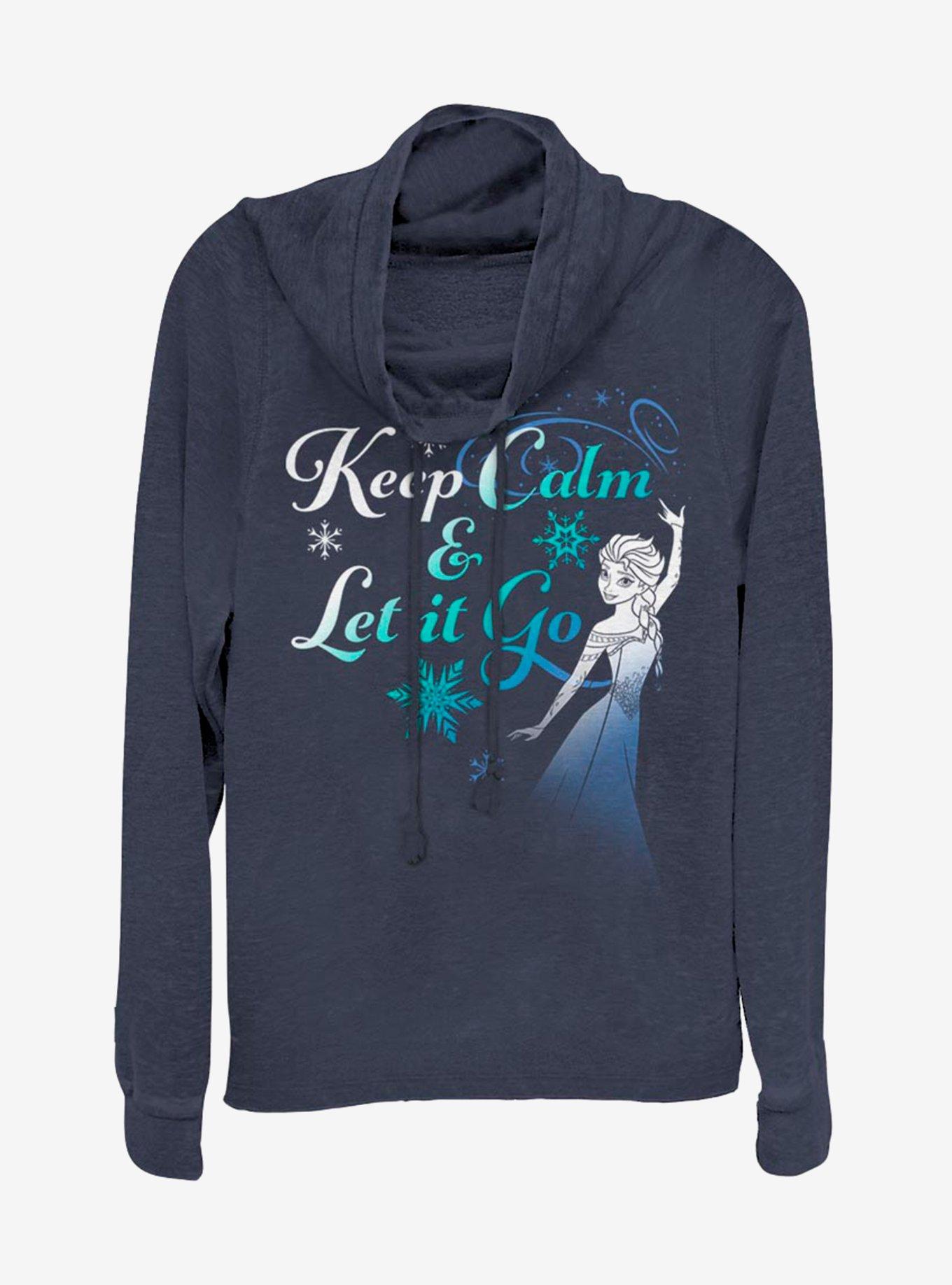 Disney Frozen Keep Calm And Let It Go Cowlneck Long-Sleeve Womens Top, NAVY, hi-res
