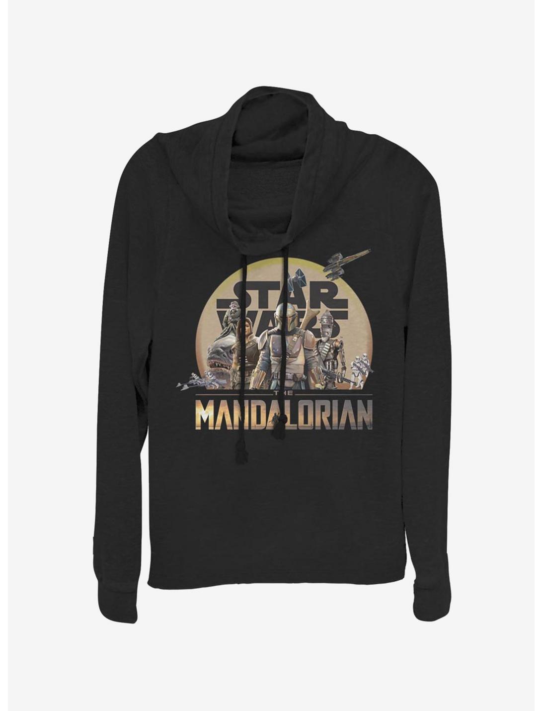 Star Wars The Mandalorian Charcter Action Pose Cowlneck Long-Sleeve Womens Top, BLACK, hi-res