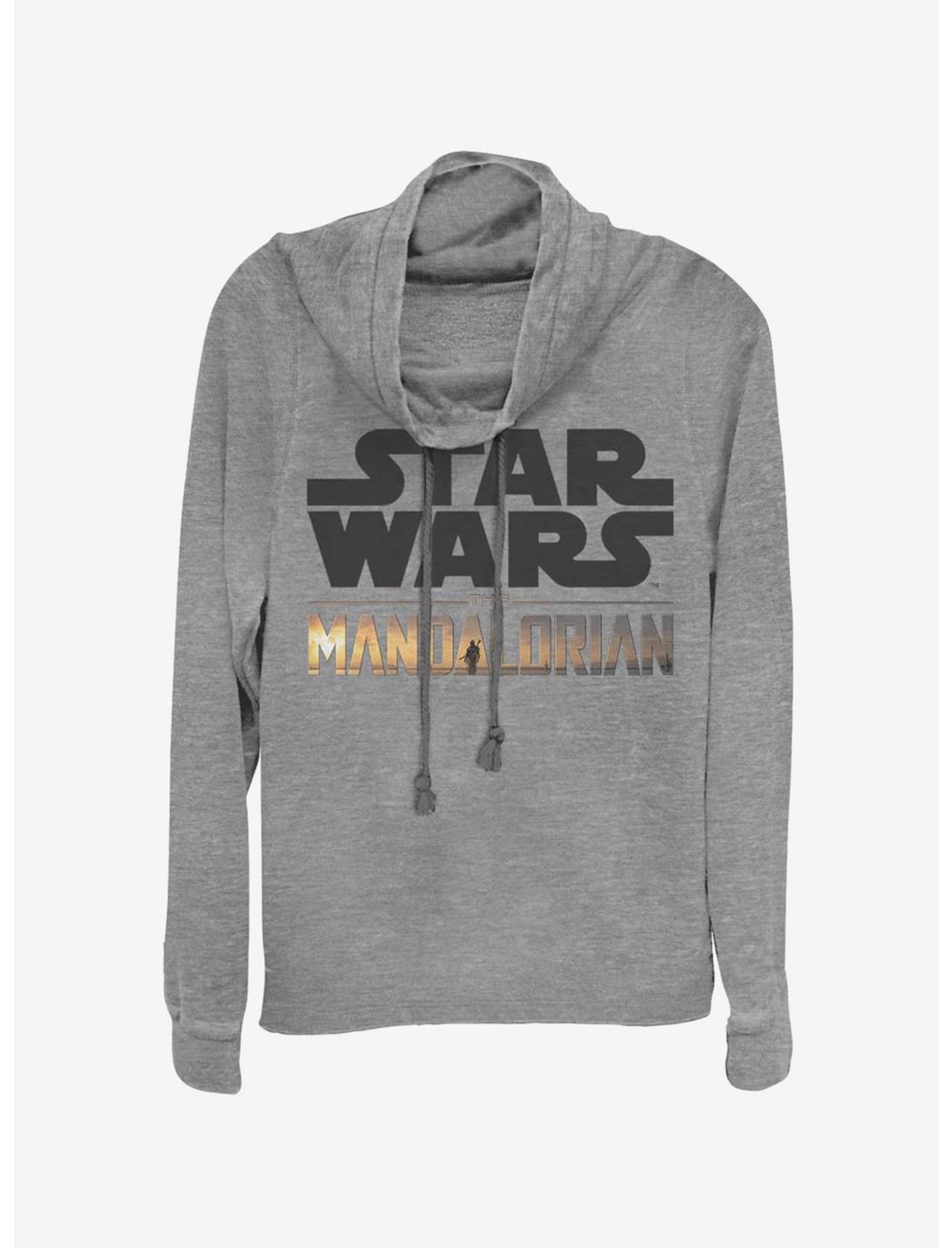 Star Wars The Mandalorian Stacked Logo Cowlneck Long-Sleeve Womens Top, GRAY HTR, hi-res