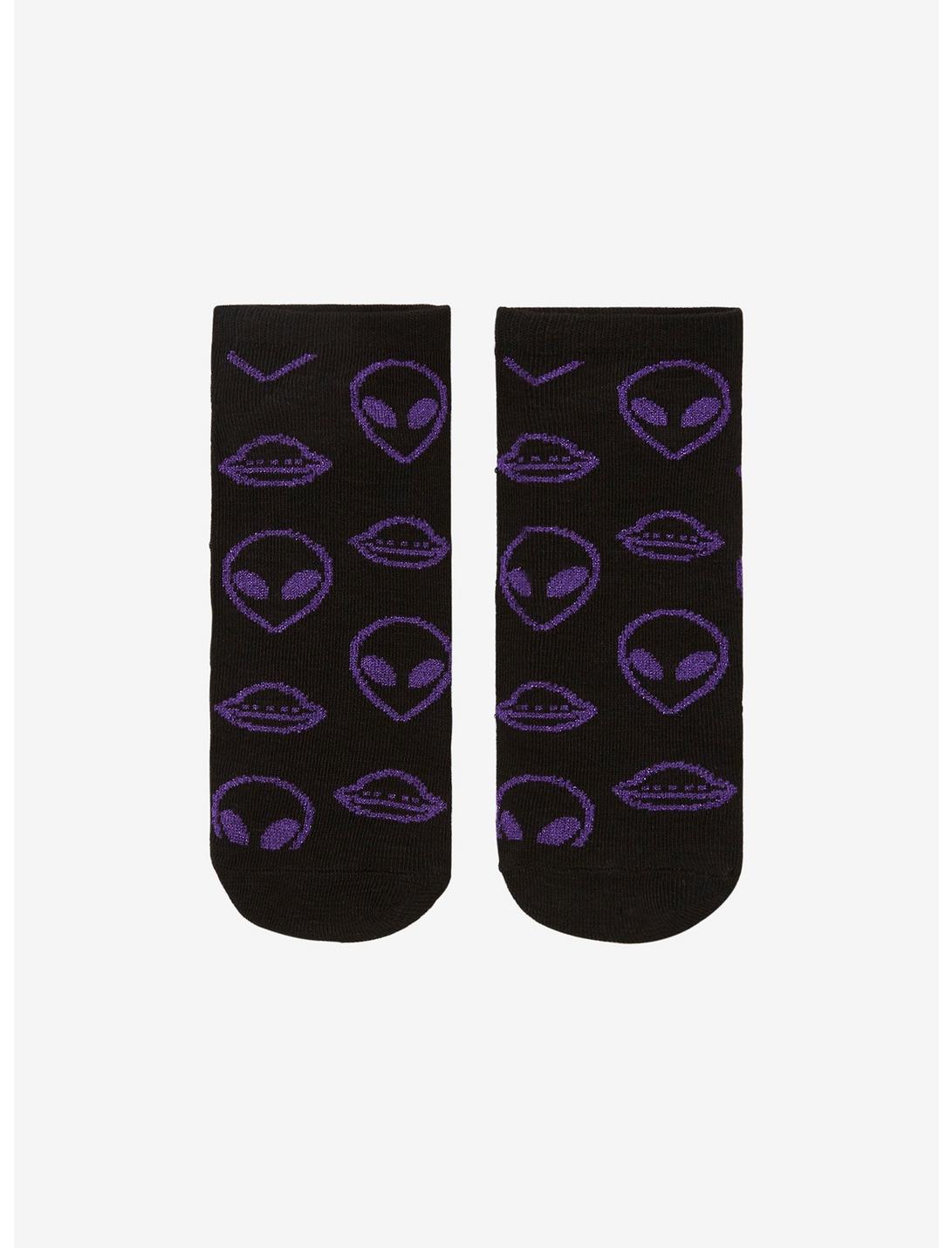 Purple Glitter Alien Heads & Spaceships No-Show Socks, , hi-res