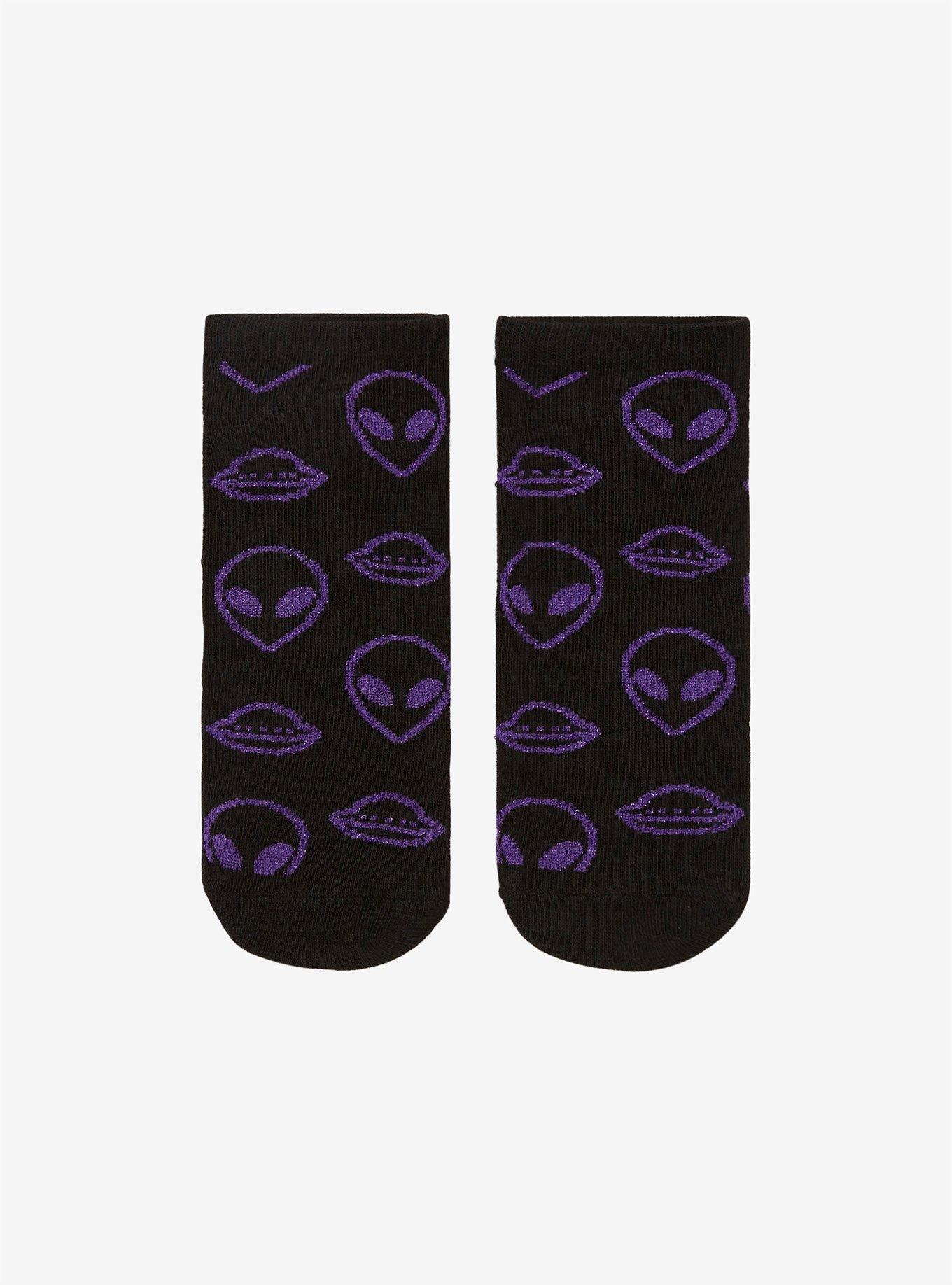 Purple Glitter Alien Heads & Spaceships No-Show Socks, , hi-res