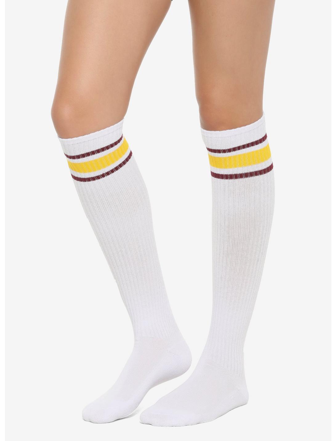Maroon & Yellow Strip White Knee-High Socks, , hi-res