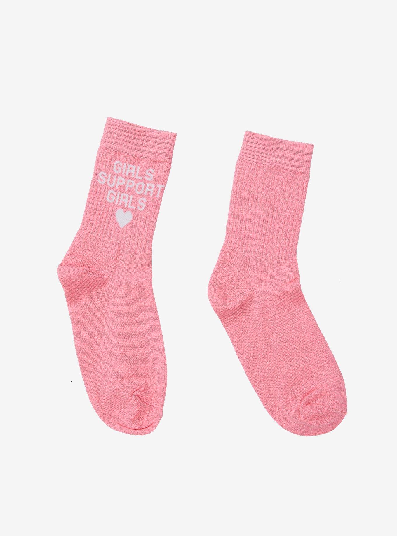 Girls Support Girls Neon Pink Crew Socks | Hot Topic
