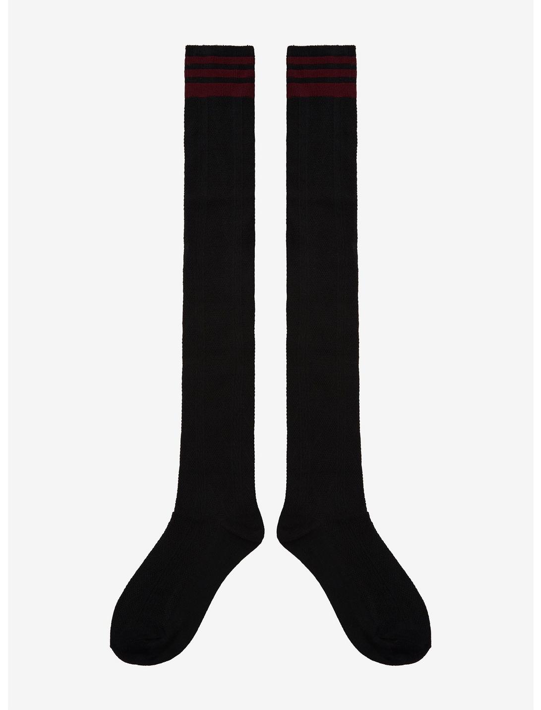 Black & Maroon Cable Pattern Over-The-Knee Socks, , hi-res