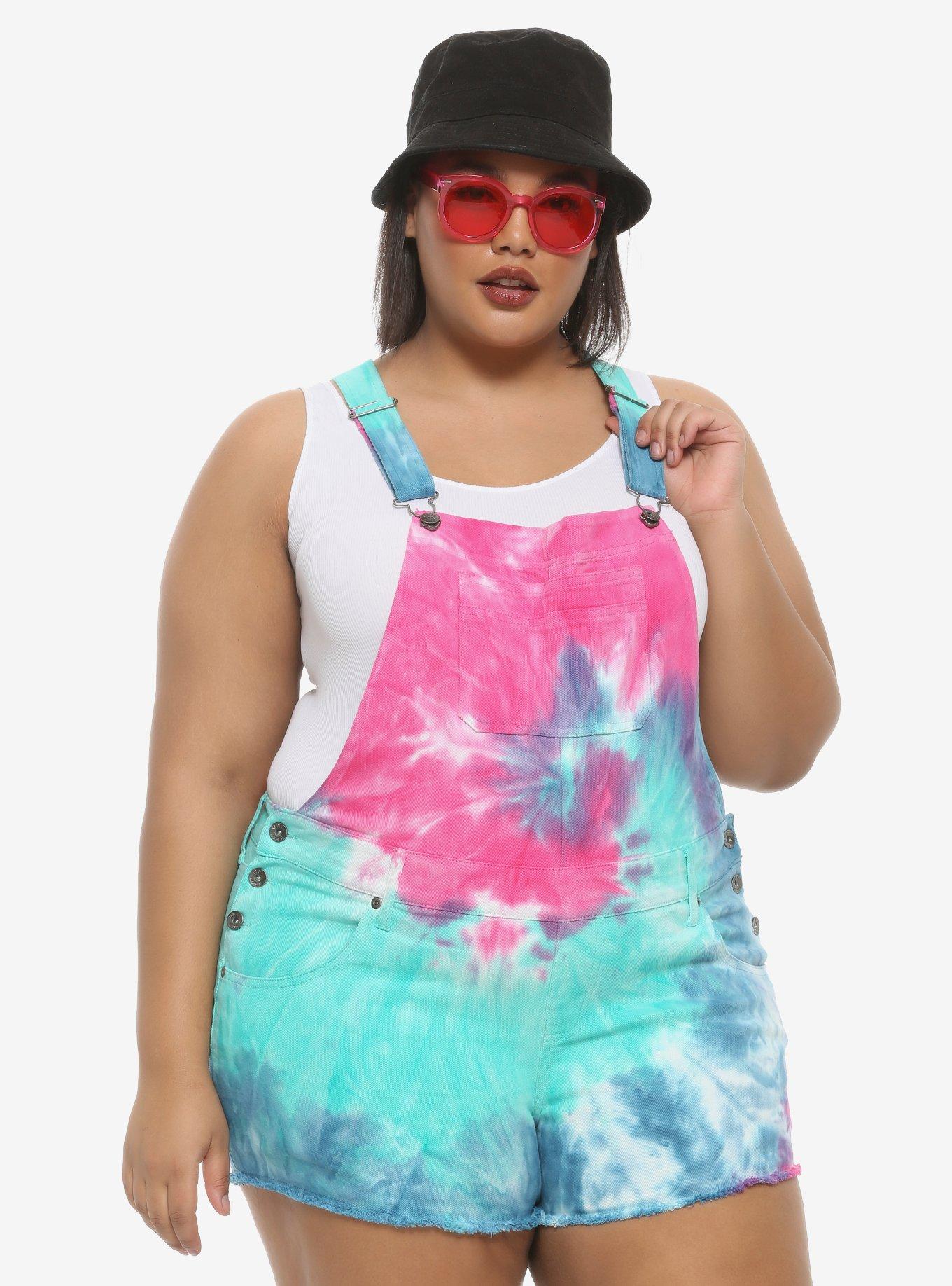 HT Denim Tie-Dye Shortalls Plus Size, RAINBOW, hi-res