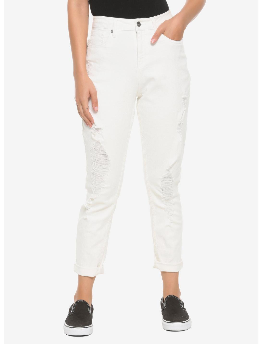 HT Denim Off-White Destructed Mom Jeans, OFF WHITE, hi-res