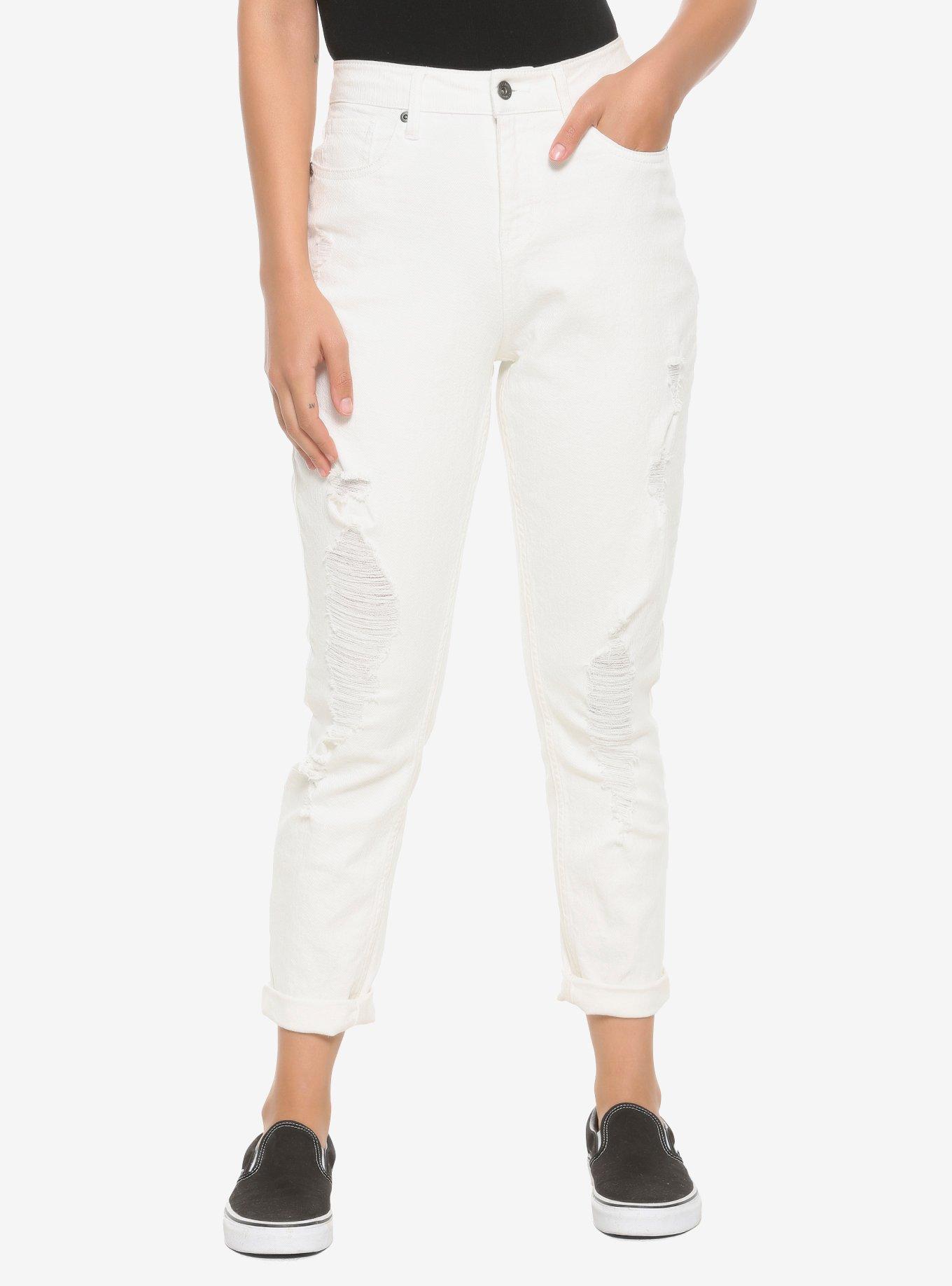 HT Denim Off-White Destructed Mom Jeans, OFF WHITE, hi-res