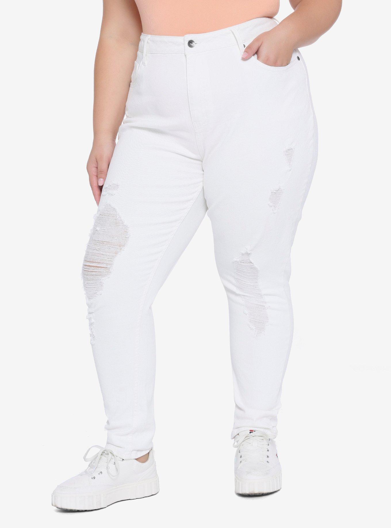 HT Denim Off-White Destructed Mom Jeans Plus Size, OFF WHITE, hi-res