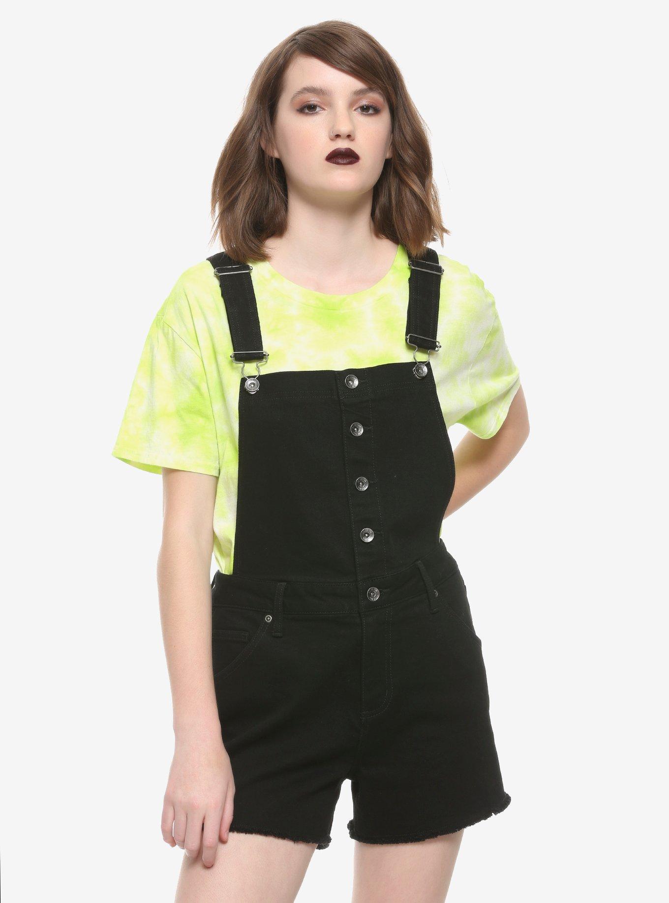 Black Button-Front Shortalls, BLACK, hi-res