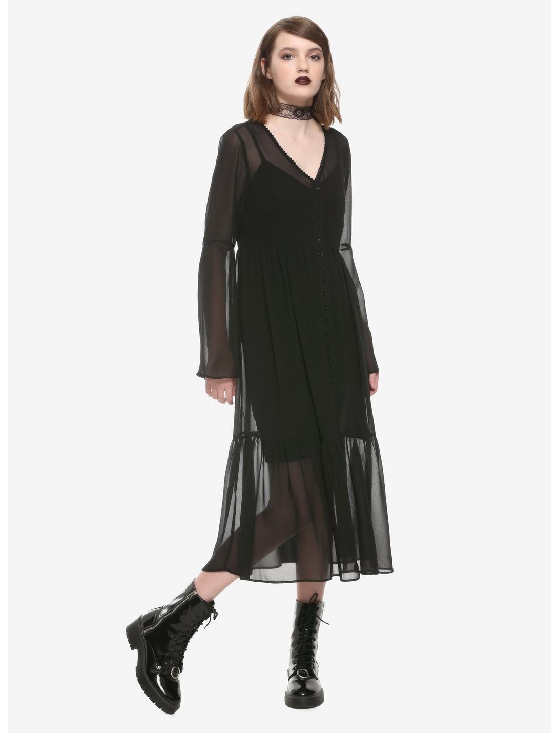 Black Chiffon Button-Up Bell Sleeve Duster, BLACK, hi-res