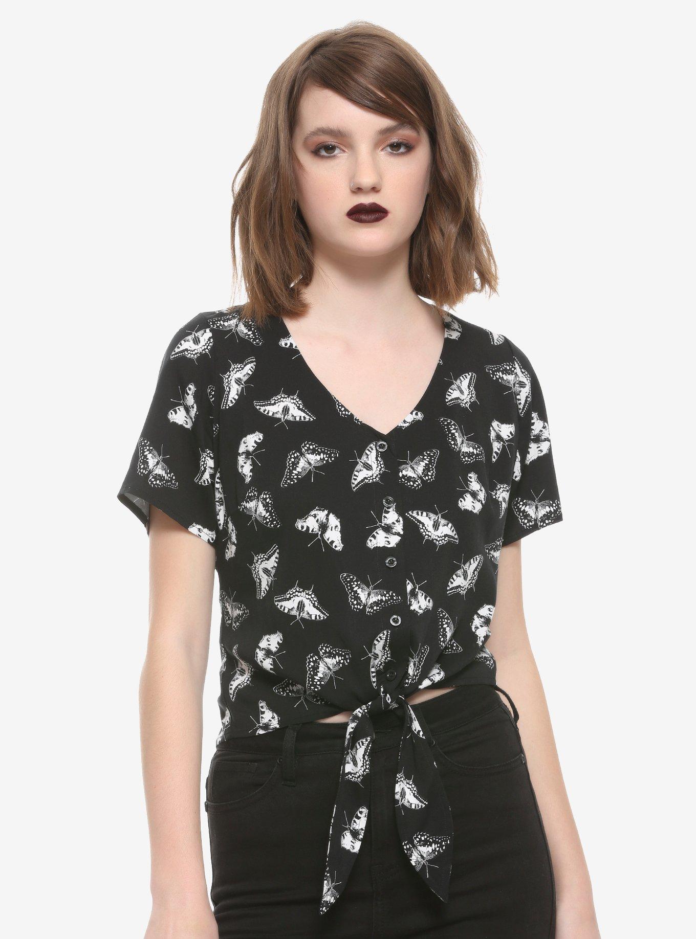 Black & White Butterfly Tie-Front Girls Woven Button-Up, WHITE, hi-res
