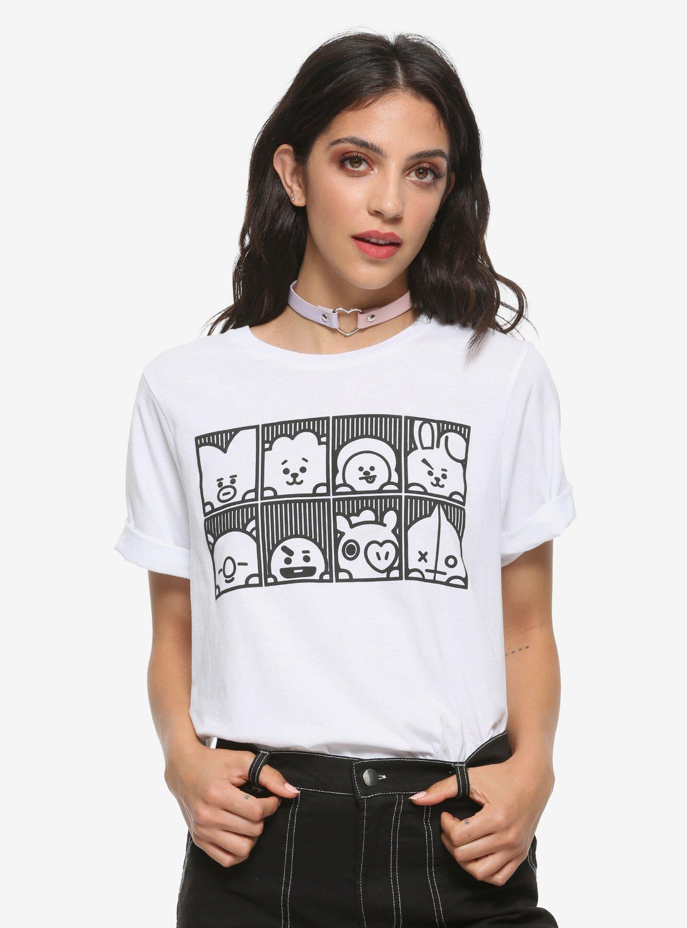 BT21 Peeking Box Line Art Girls T-Shirt, BLACK, hi-res