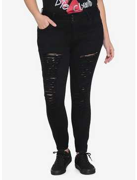 HT Denim Black Destructed Hi-Rise Super Skinny Jeans Plus Size, , hi-res