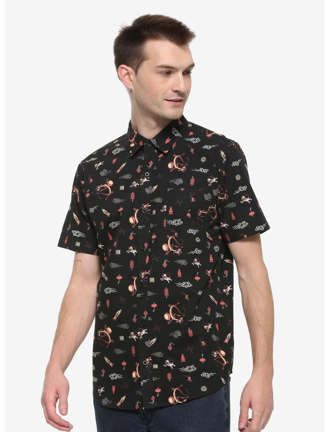 Our Universe Disney Mulan Icons Allover Print Woven Button-Up - BoxLunch Exclusive, BLACK, hi-res
