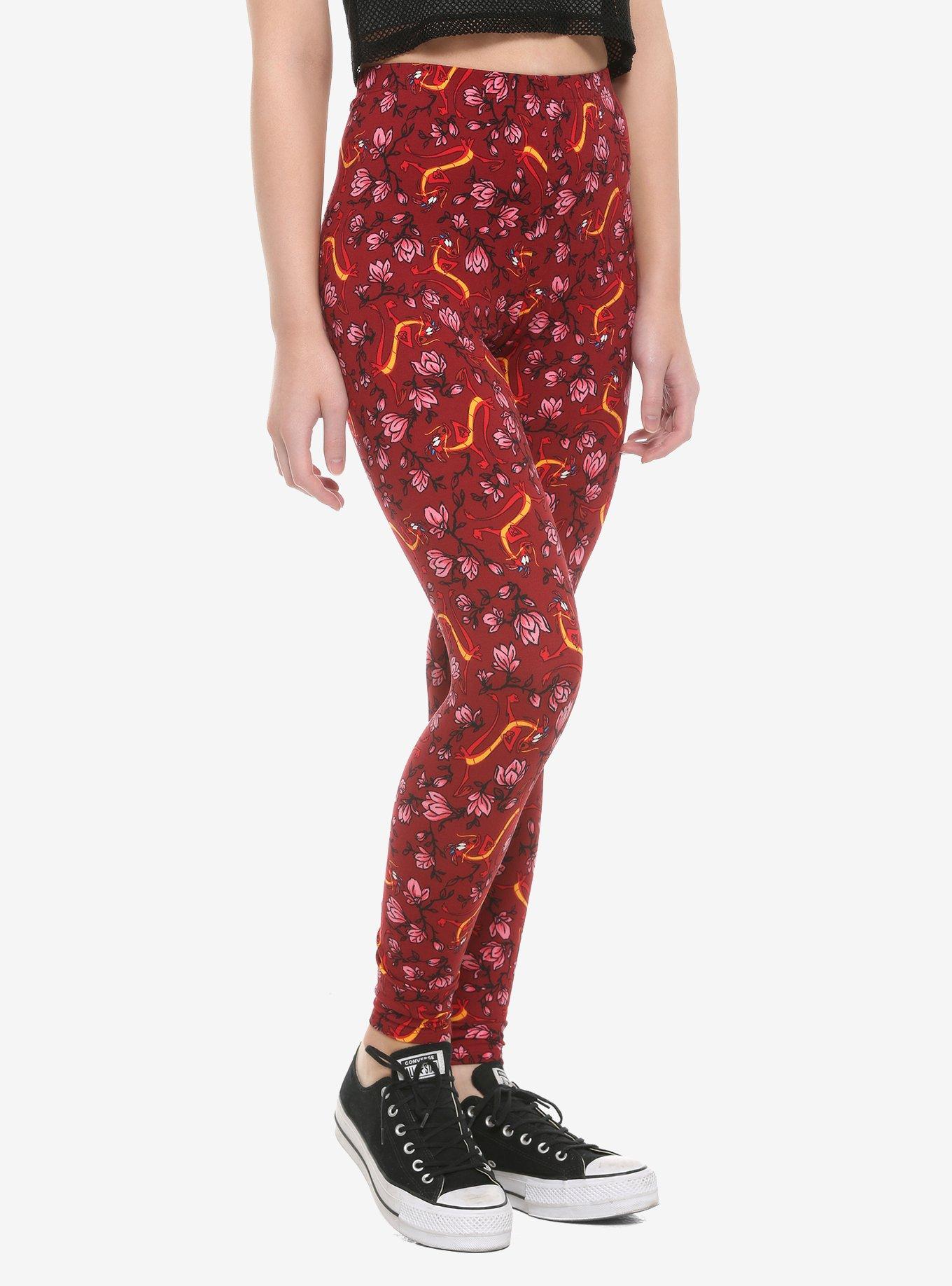 Her Universe Disney Mulan Mushu & Flowers Leggings, RED, hi-res