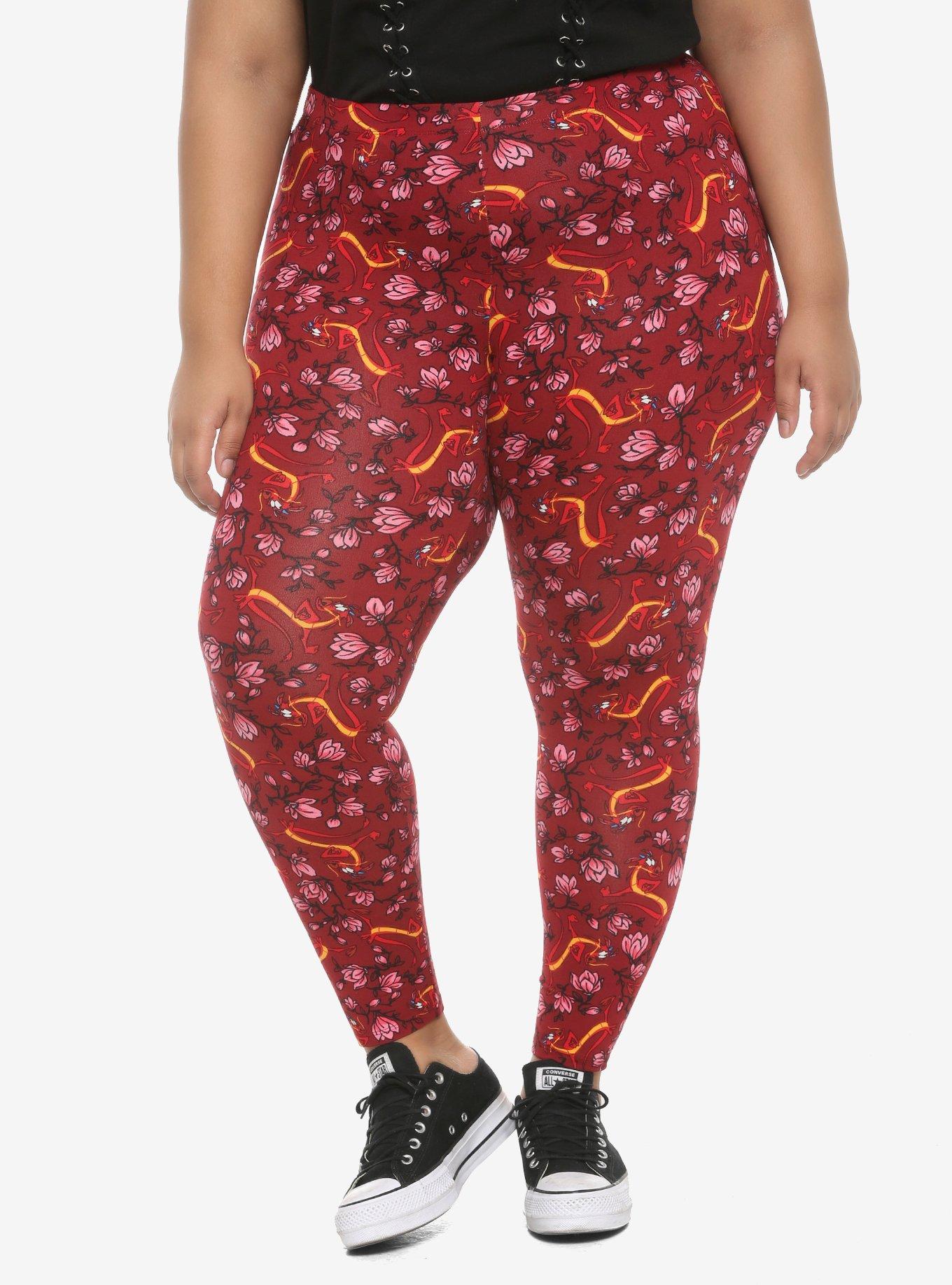 Her Universe Disney Mulan Mushu & Flowers Leggings Plus Size, RED, hi-res
