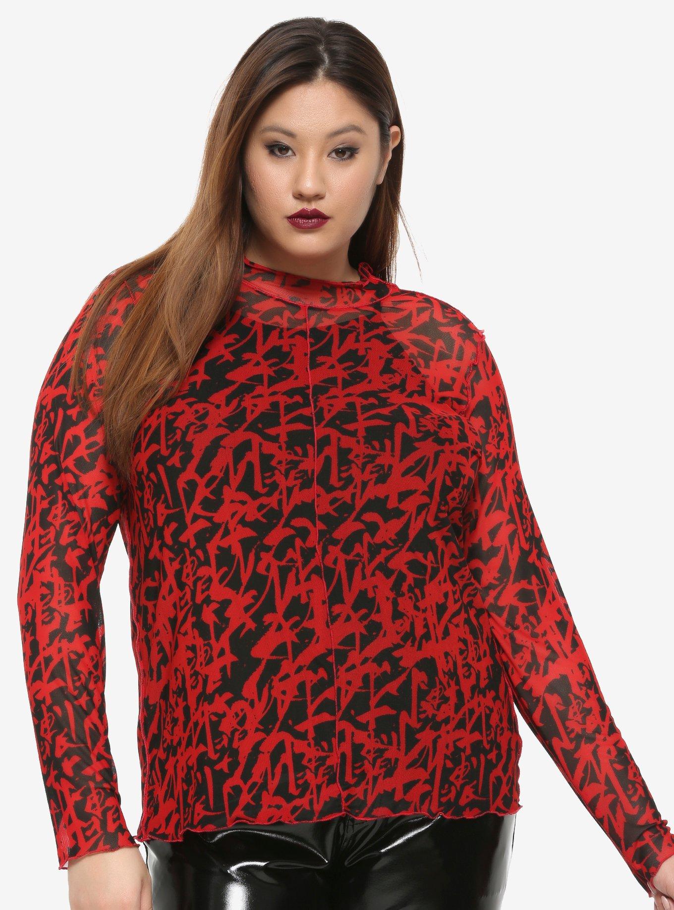 Her Universe Disney Mulan Allover Print Mesh Girls Long-Sleeve Top Plus Size, BLACK, hi-res