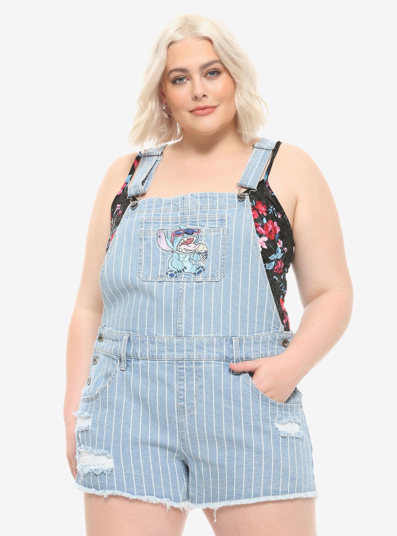 Disney Lilo & Stitch Ice Cream Stripe Shortalls Plus Size, STRIPE-WHITE, hi-res