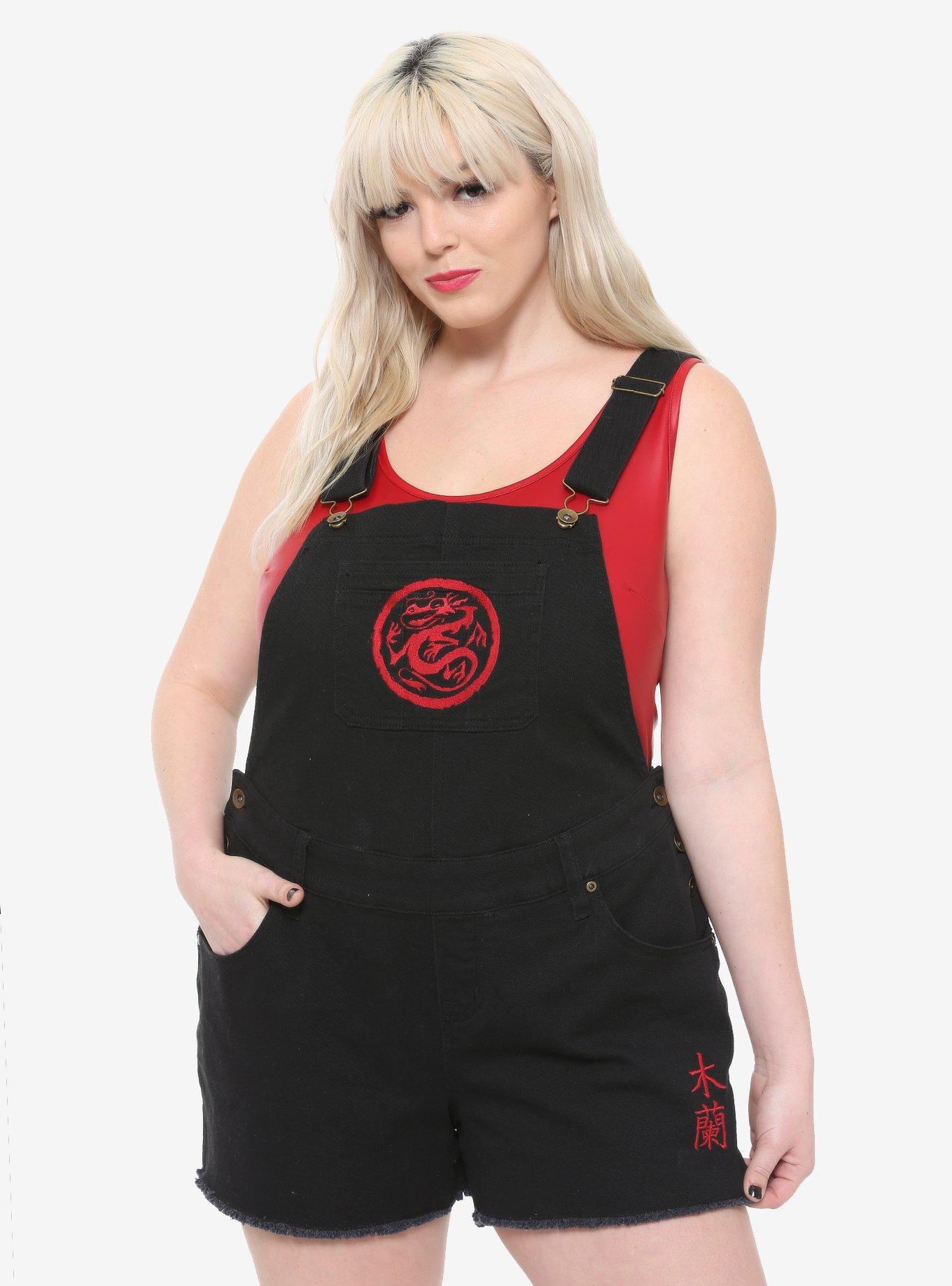 Disney Mulan Embroidered Shortalls Plus Size, BLACK, hi-res