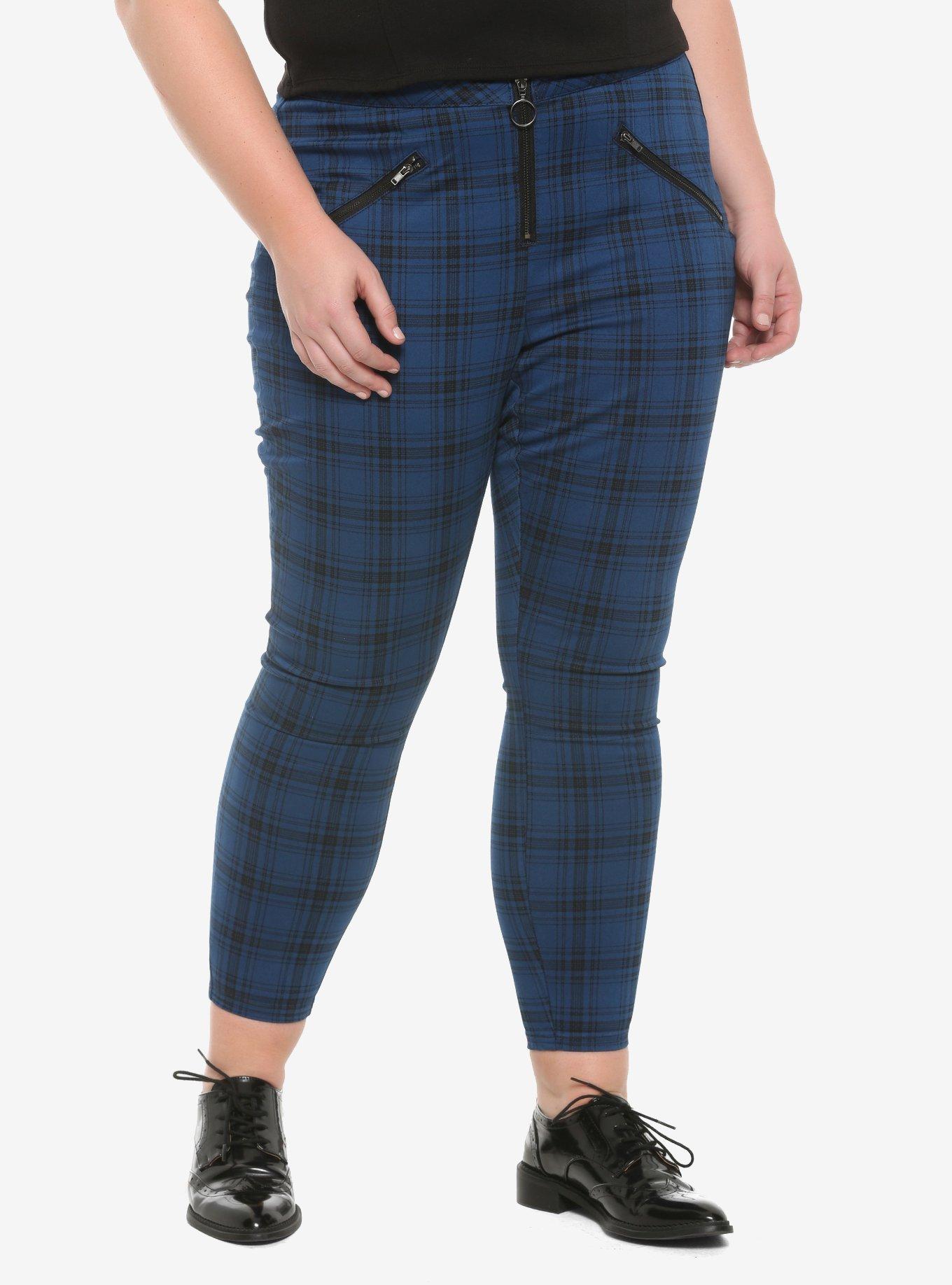 Blue Plaid Skinny Pants Plus Size, PLAID - BLUE, hi-res