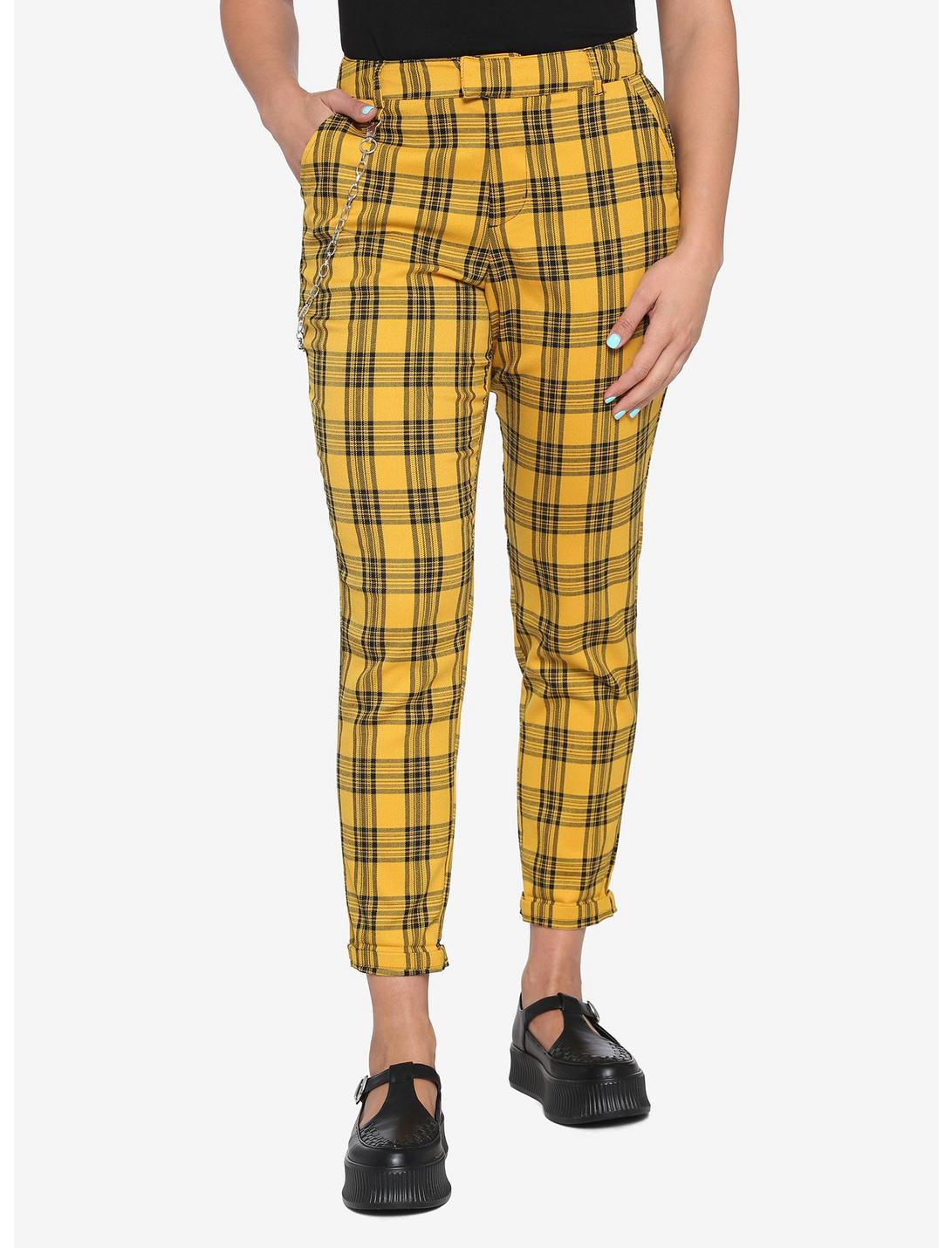 Yellow Plaid Pants With Detachable Chain, PLAID - YELLOW, hi-res