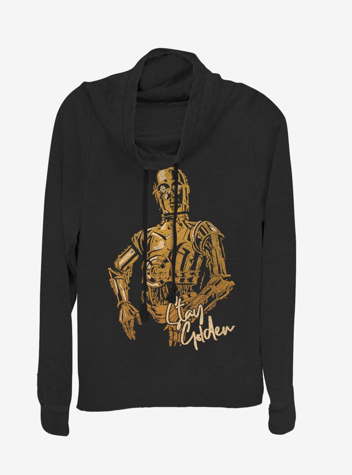 Star Wars Episode IX The Rise Of Skywalker C-3PO Stay Golden Cowl Neck Long-Sleeve Girls Top, BLACK, hi-res