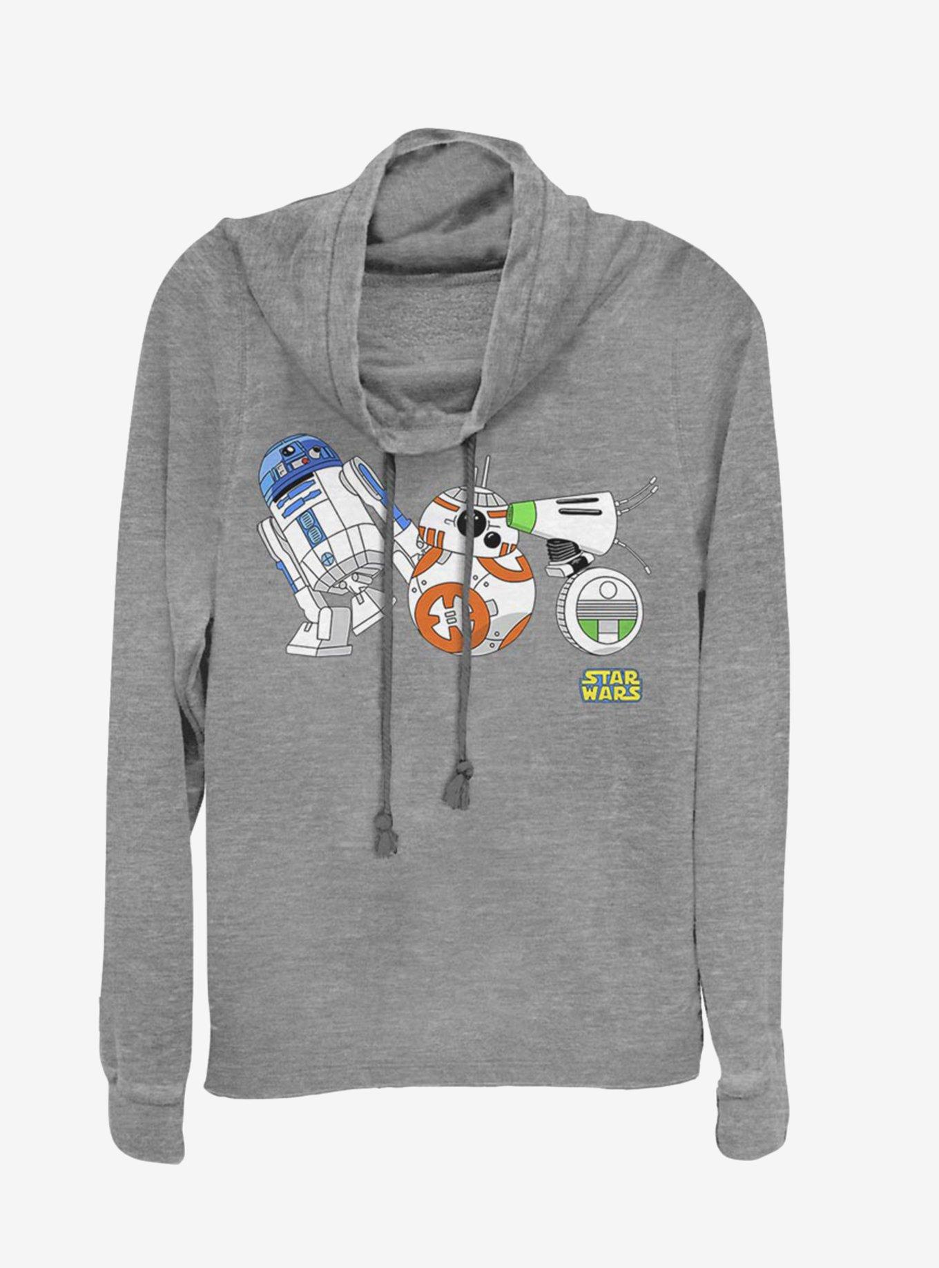 Star Wars Episode IX The Rise Of Skywalker Cartoon Droid Lineup Cowl Neck Long-Sleeve Girls Top, GRAY HTR, hi-res