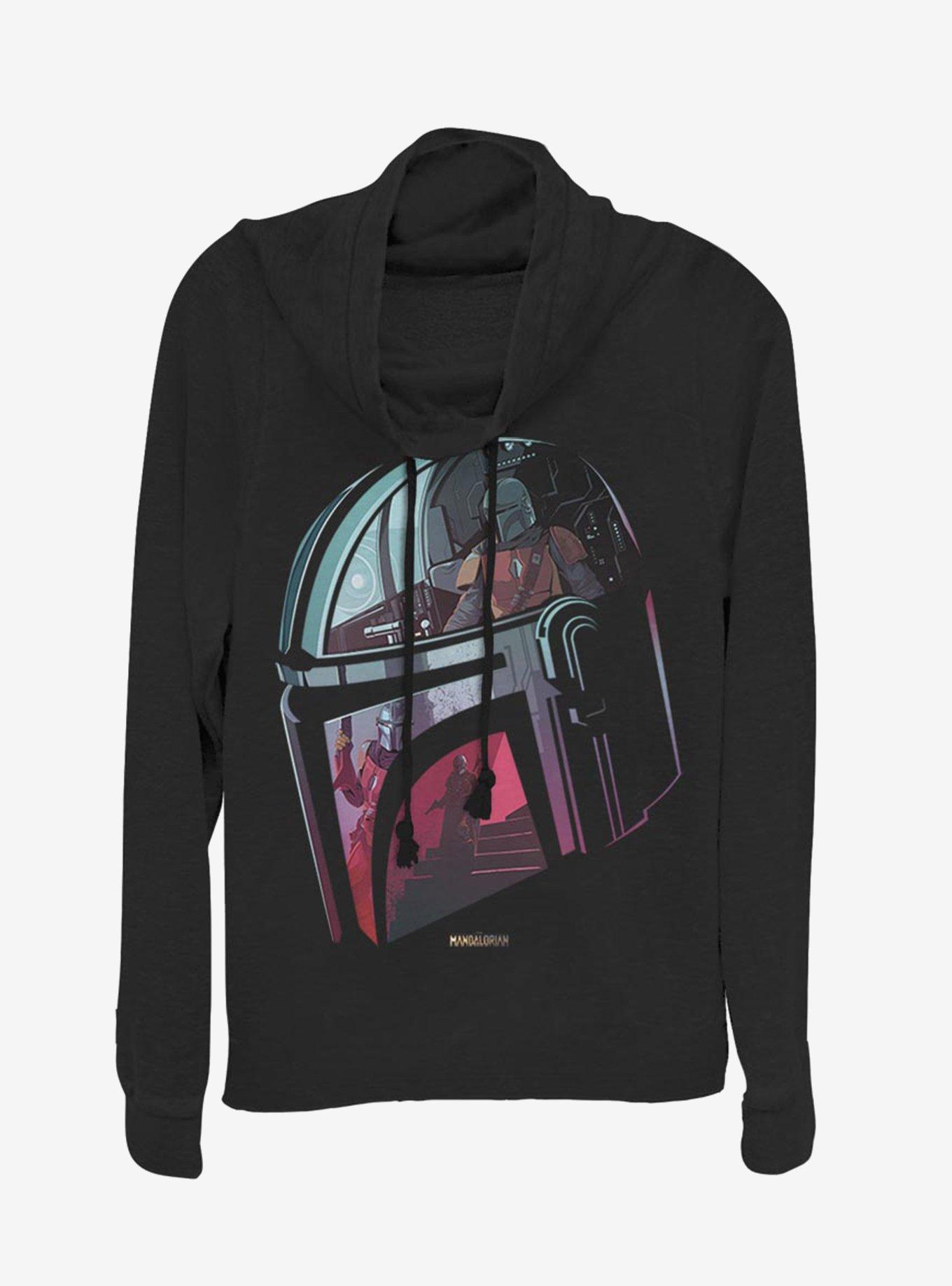 Star Wars The Mandalorian Helmet Explanation Cowl Neck Long-Sleeve Girls Top, BLACK, hi-res