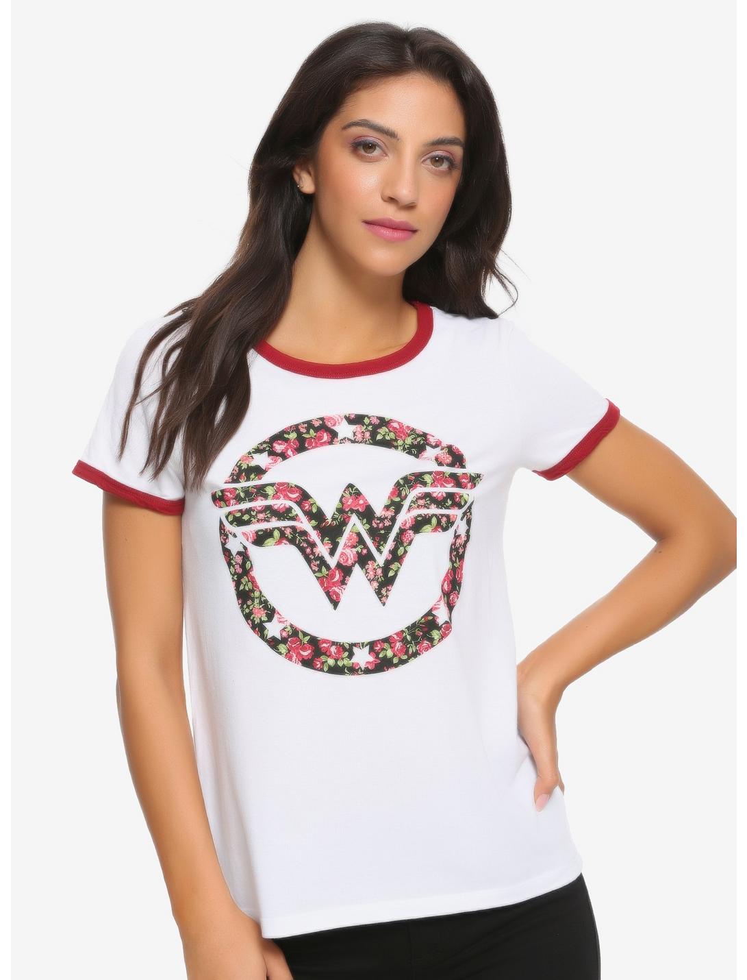 DC Comics Wonder Woman Floral Logo Girls Ringer T-Shirt, MULTI, hi-res