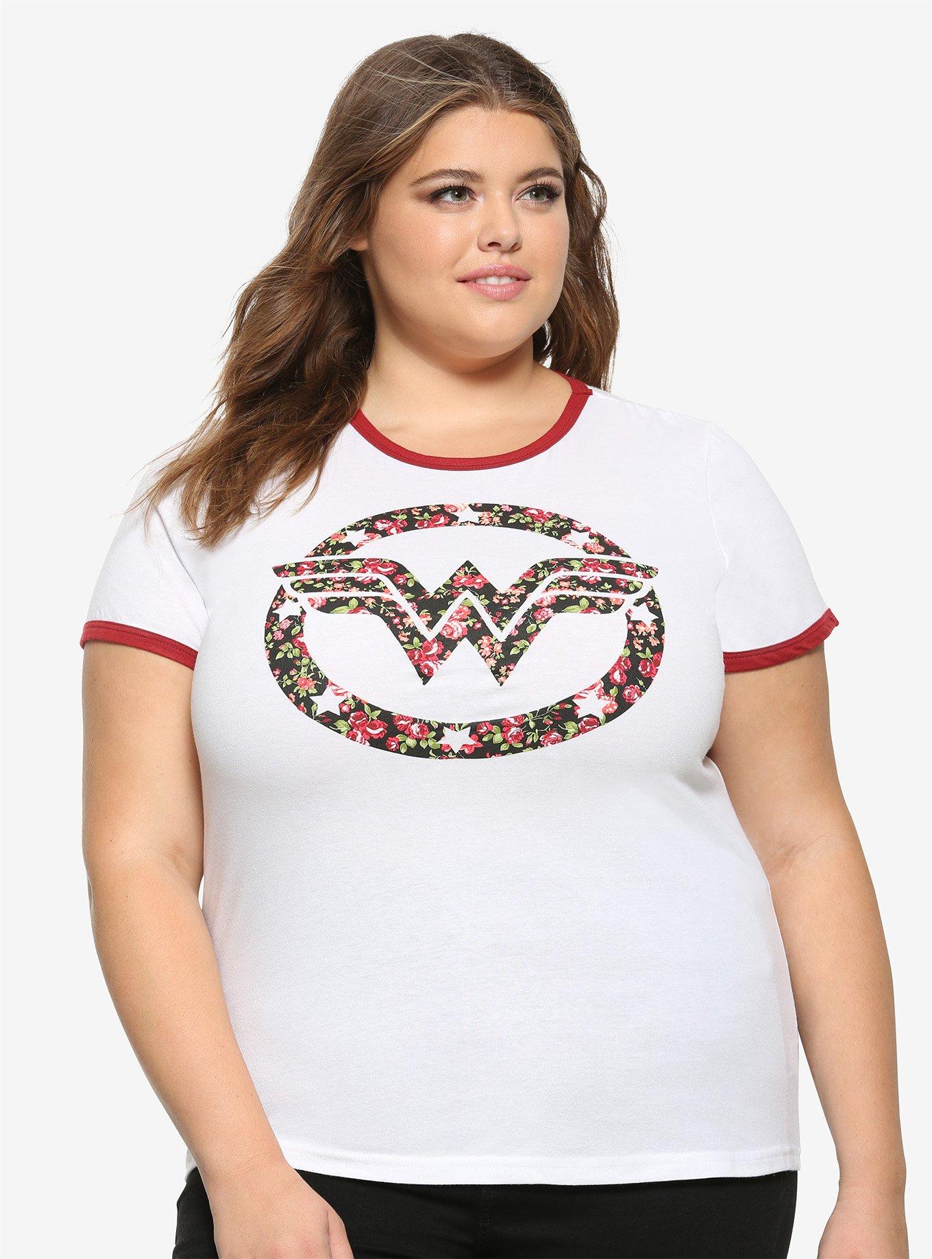 DC Comics Wonder Woman Floral Logo Girls Ringer T-Shirt Plus Size