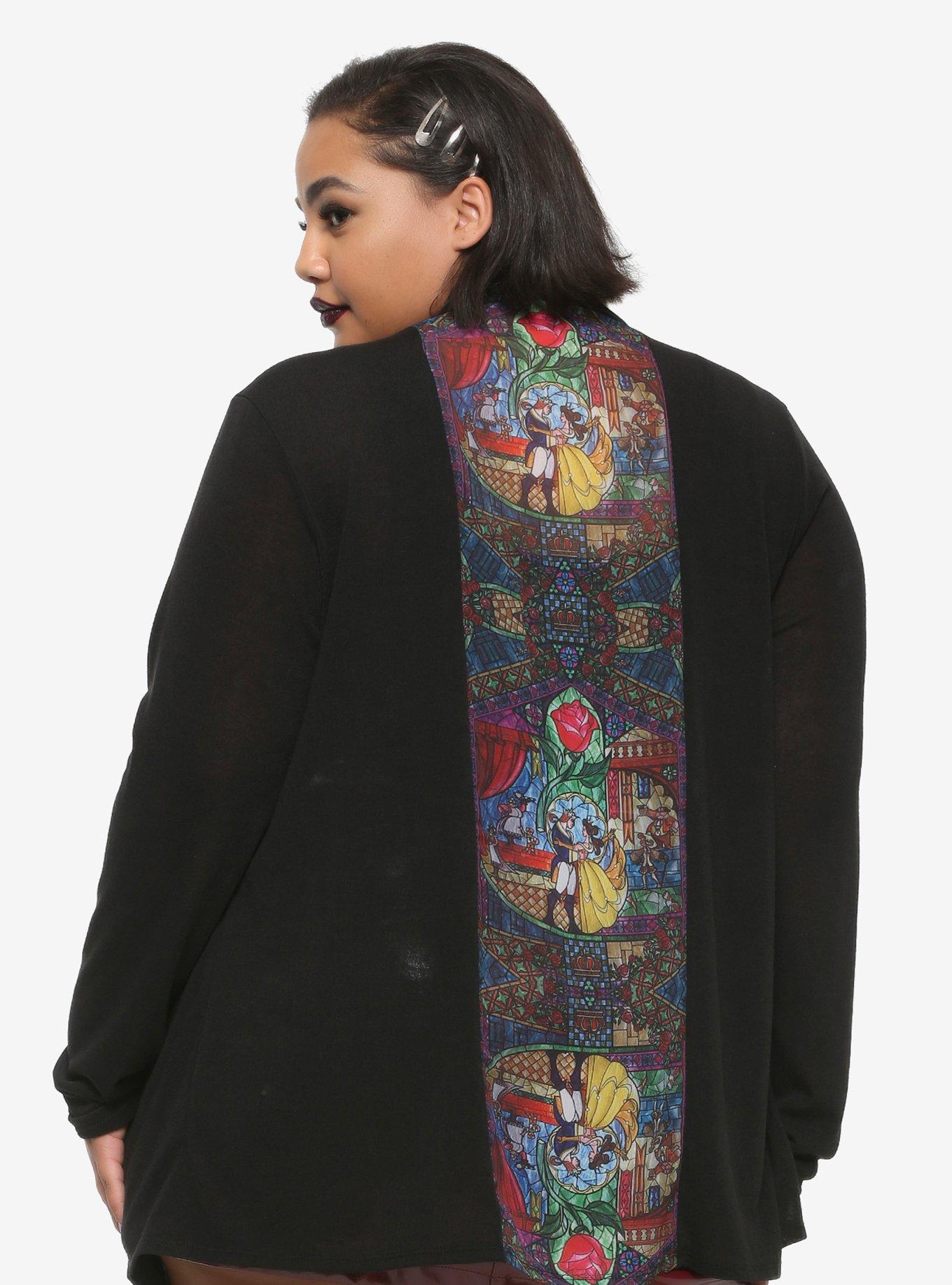 Disney Beauty And The Beast Chiffon Back Flyaway Cardigan Plus Size, MULTI, hi-res