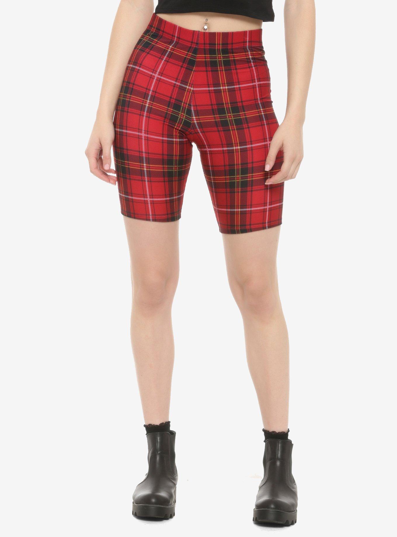 Red Plaid Girls Bike Shorts, PLAID, hi-res