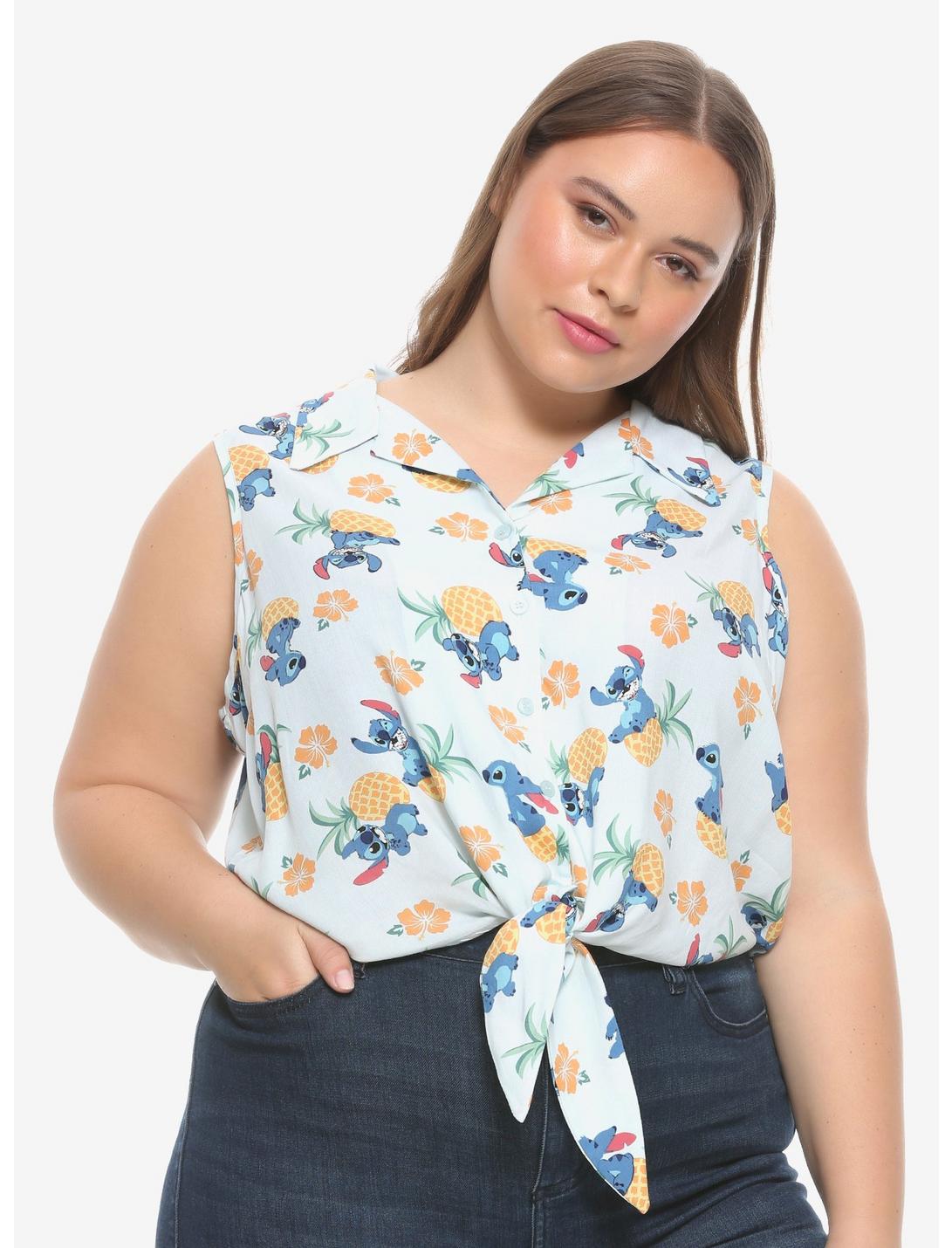 Disney Lilo & Stitch Pineapple & Hibiscus Girls Tie-Front Woven Button-Up Plus Size, MULTI, hi-res