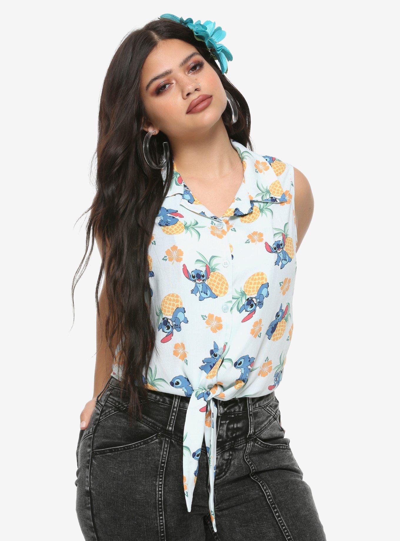 Disney Lilo & Stitch Pineapple & Hibiscus Tie-Front Girls Woven Button-Up, MULTI, hi-res