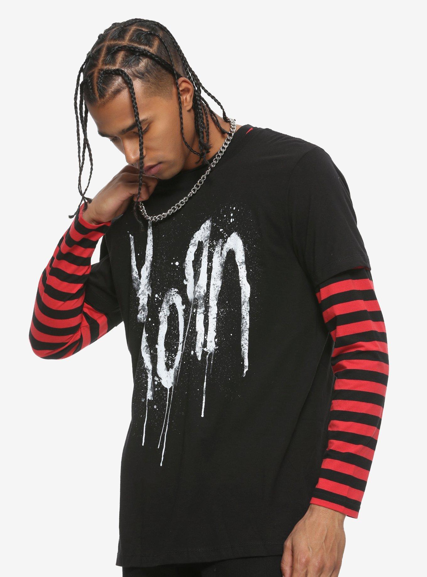 Men's red shirt store with black stripes