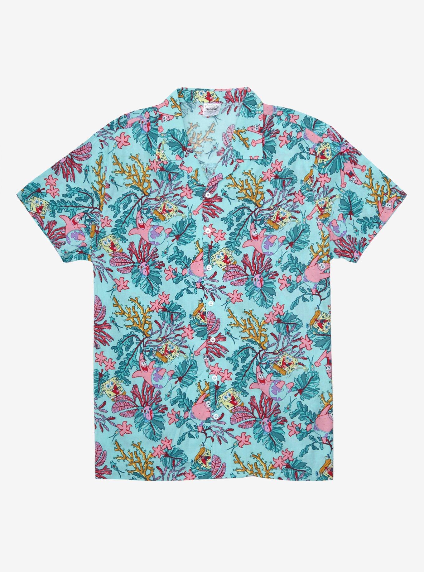 SpongeBob SquarePants SpongeBob & Patrick Floral Woven Button-Up - BoxLunch Exclusive, BLUE, hi-res