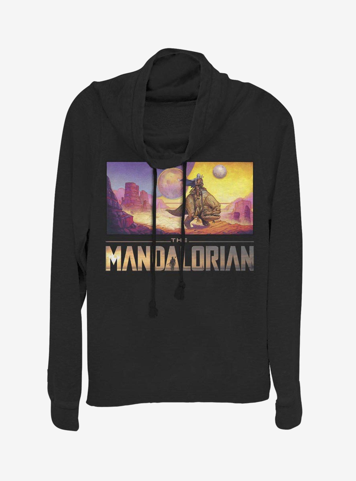 Star Wars The Mandalorian Colorful Mandalorian Landscape Cowlneck Long-Sleeve Womens Top, BLACK, hi-res