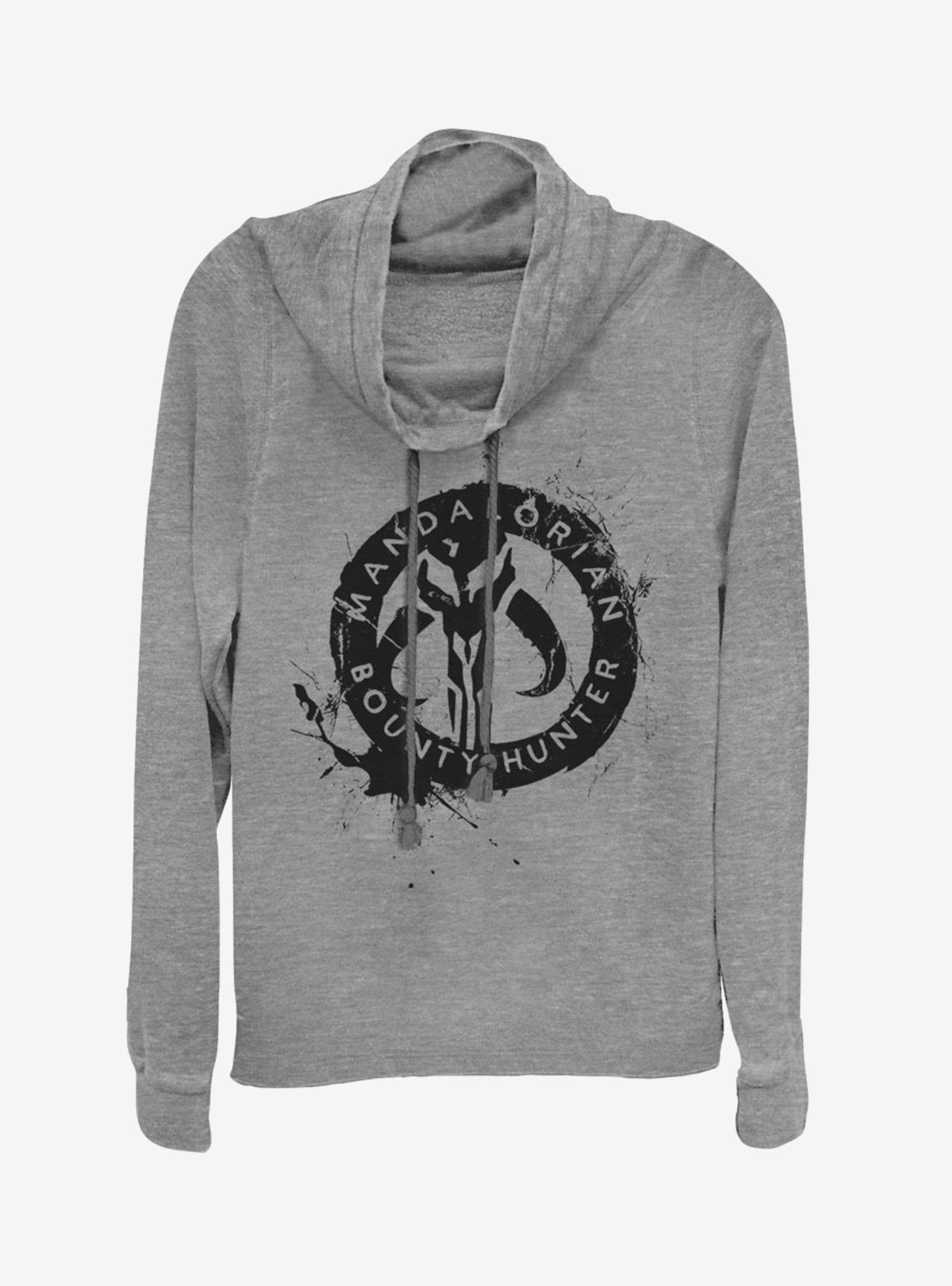 Star Wars The Mandalorian Painted Skull Cowlneck Long-Sleeve Womens Top, GRAY HTR, hi-res