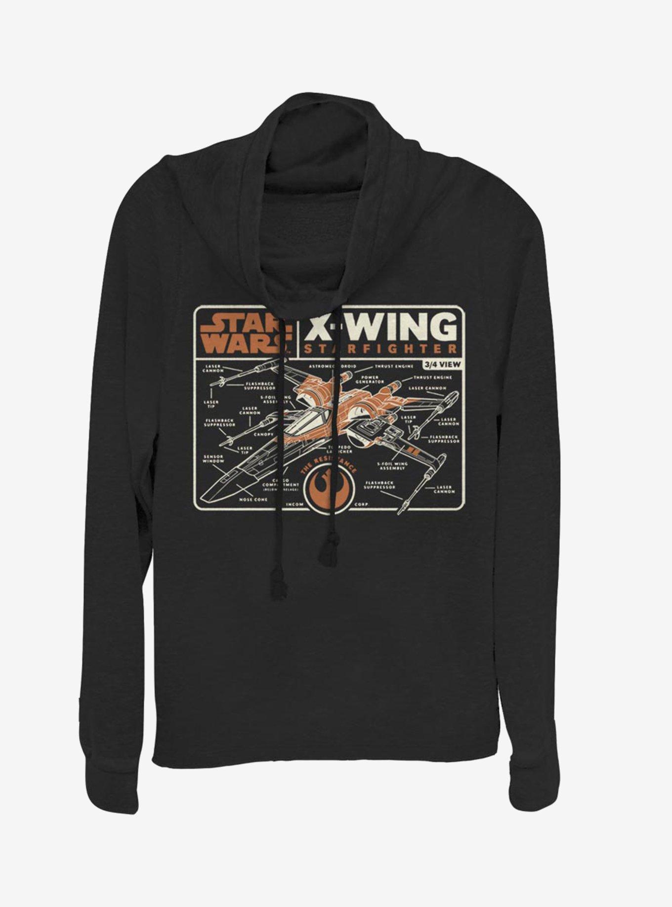 Star Wars Episode IX The Rise Of Skywalker Starfigher Schematic Cowlneck Long-Sleeve Womens Top, BLACK, hi-res