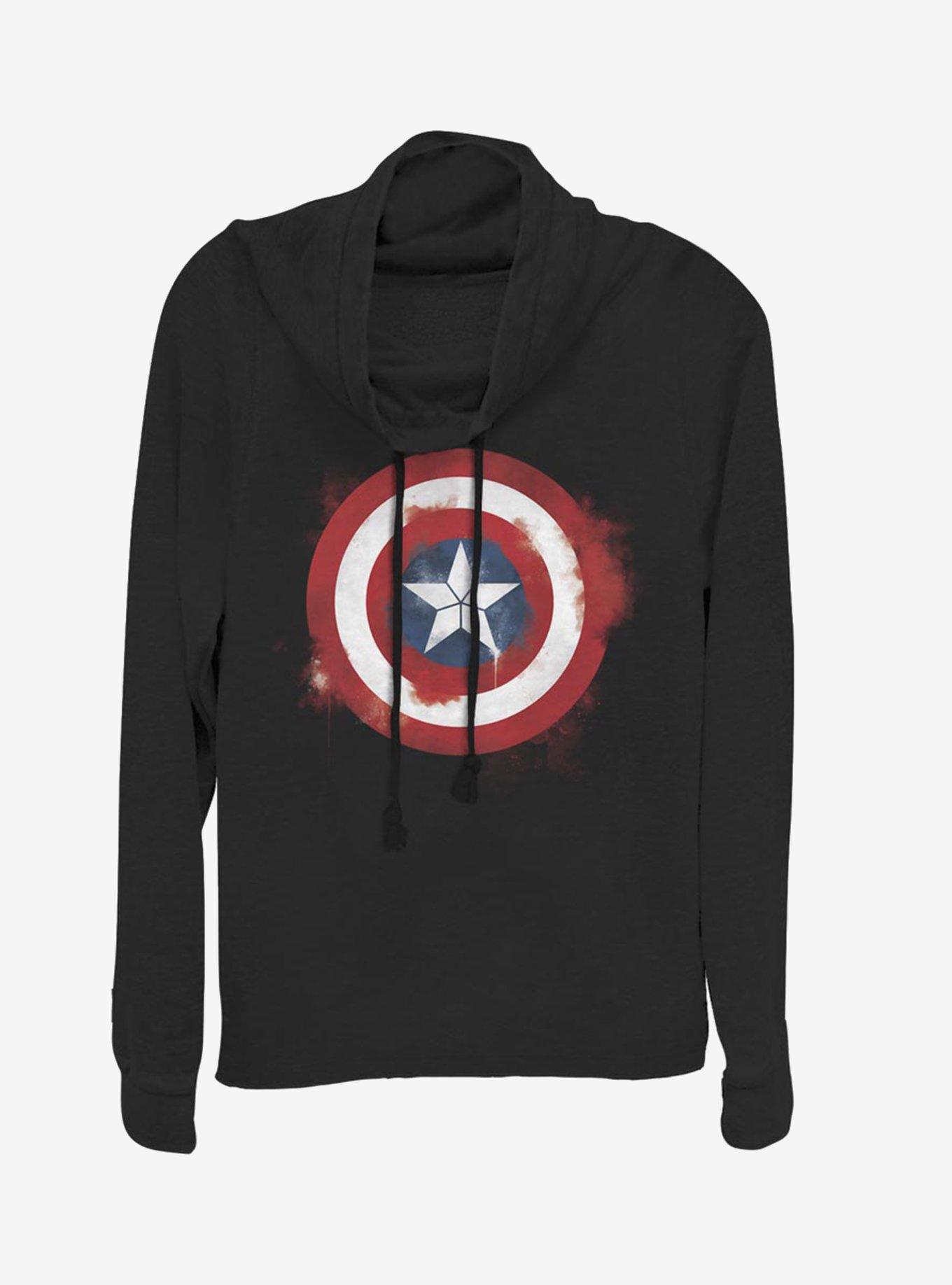 Marvel Captain America Spray Logo Cowlneck Long-Sleeve Womens Top, BLACK, hi-res