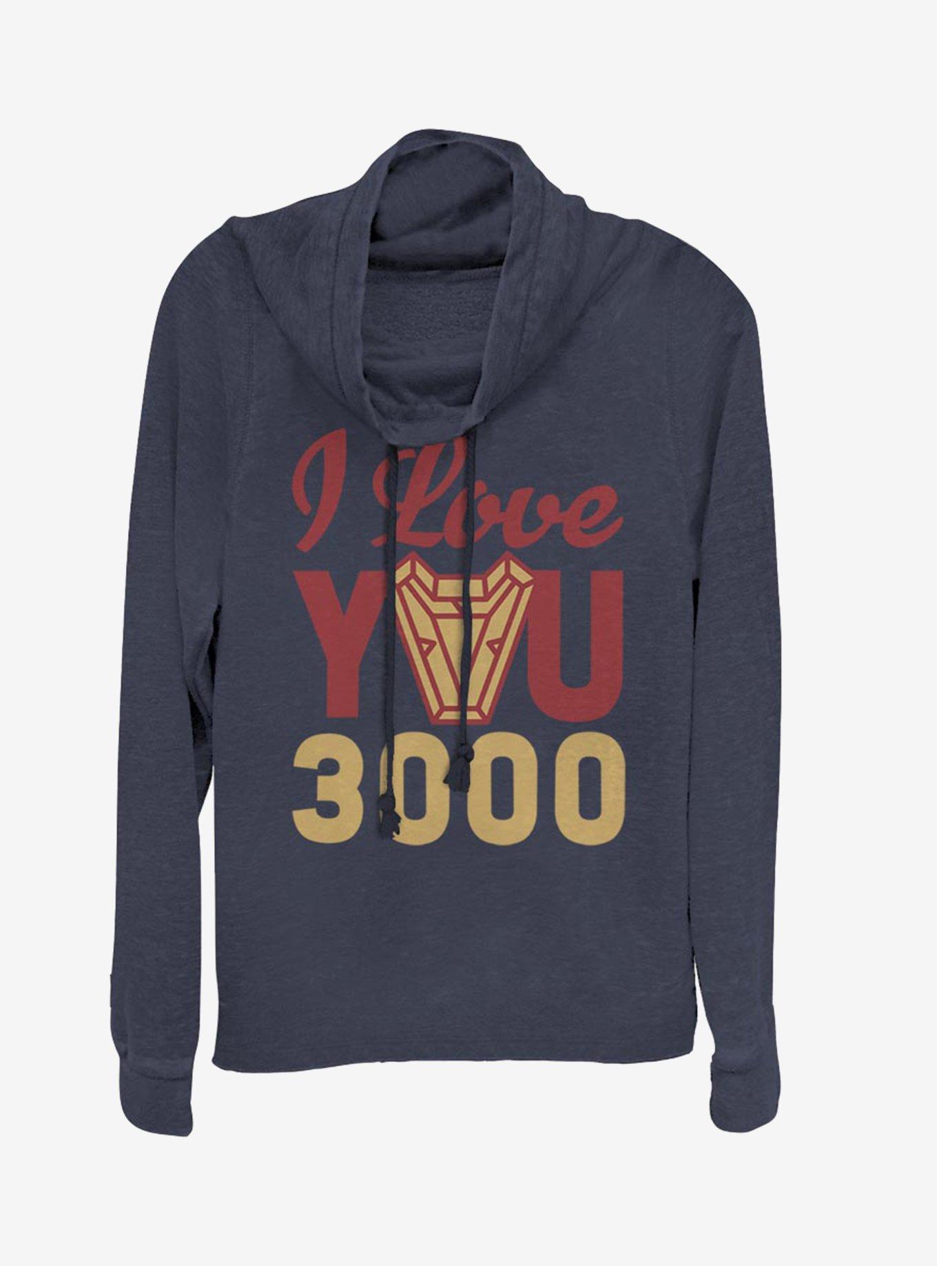 Marvel Iron Man Love You 3000 Arc Reactor Cowlneck Long-Sleeve Womens Top, NAVY, hi-res