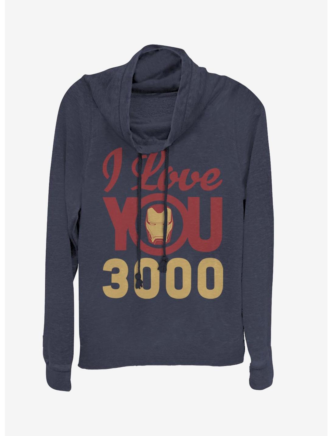 Marvel Iron Man Love You 3000 Icon Face Cowlneck Long-Sleeve Womens Top, NAVY, hi-res