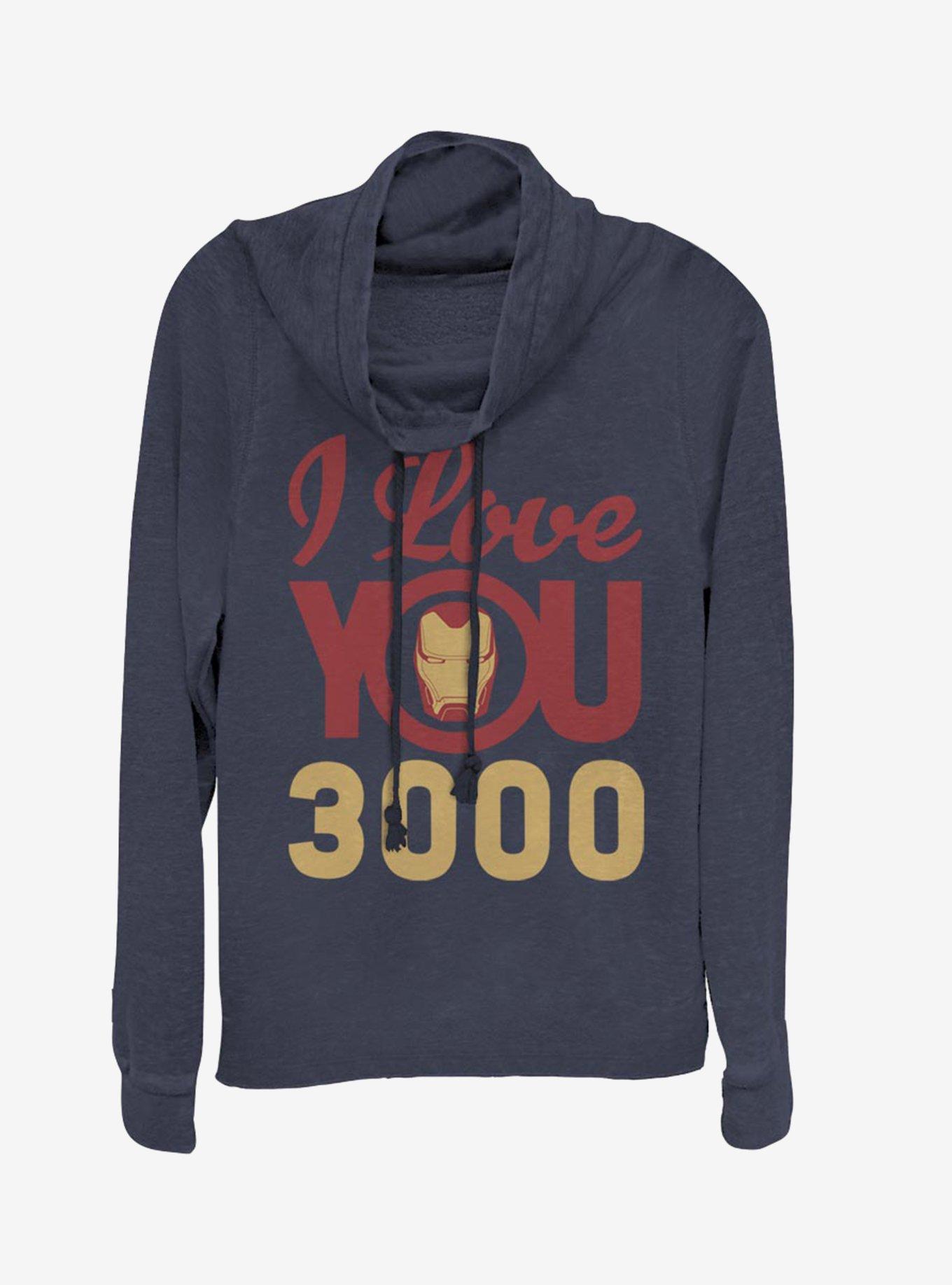 Marvel Iron Man Love You 3000 Icon Face Cowlneck Long-Sleeve Womens Top, NAVY, hi-res