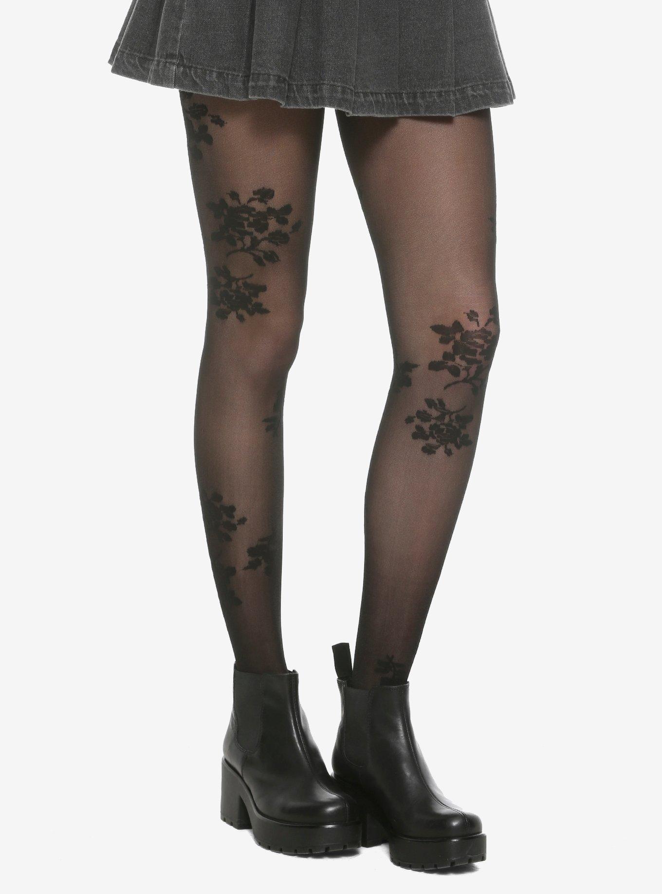 Black Floral Tights, , hi-res