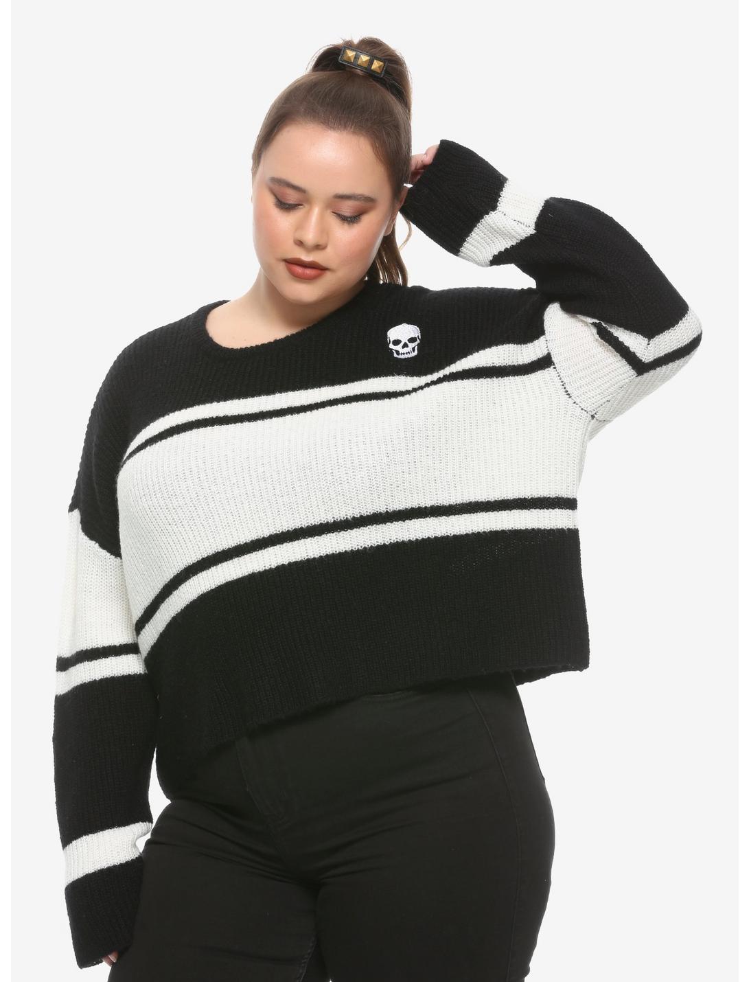 Black & White Skull Girls Crop Sweater Plus Size, BLACK, hi-res